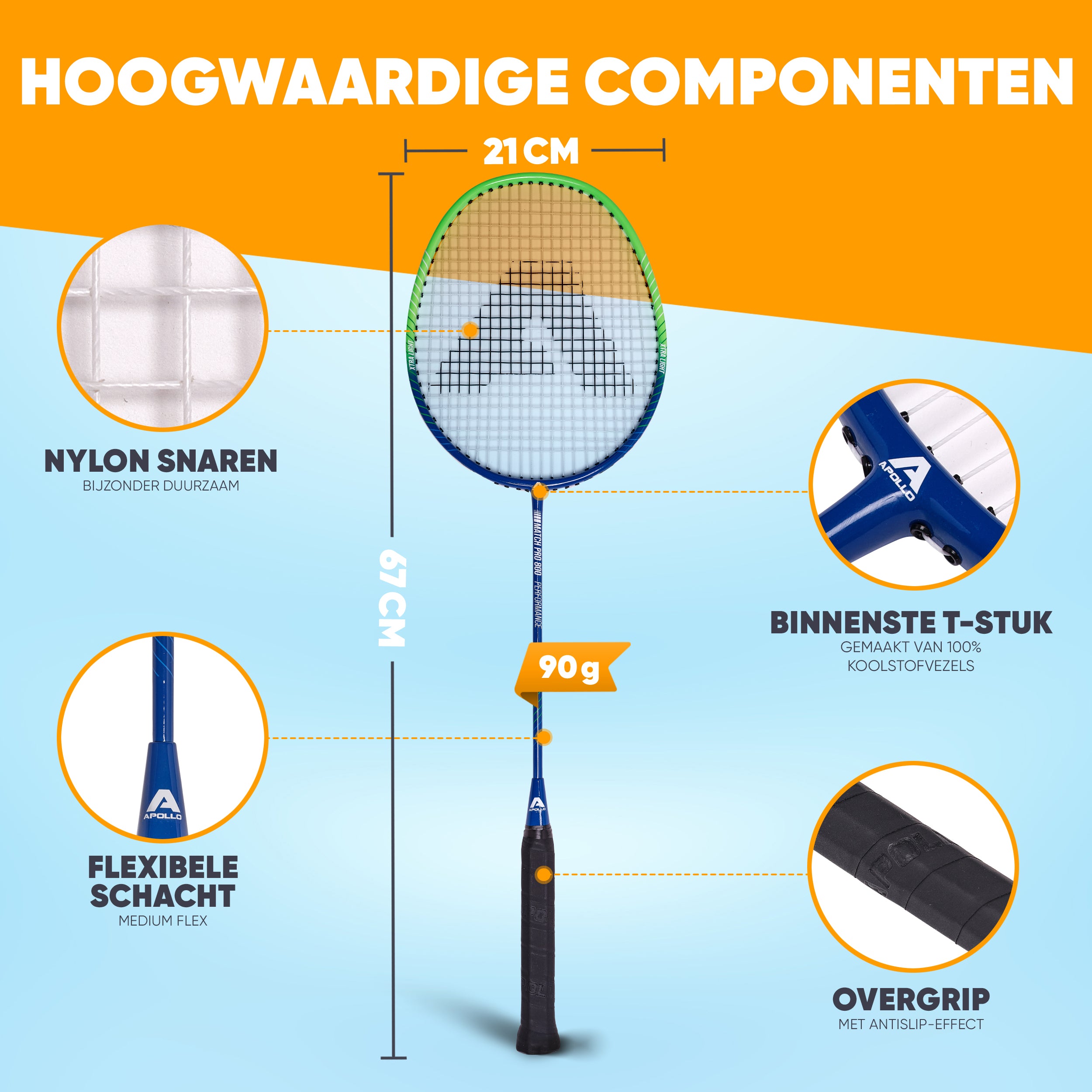 Apollo Badmintonset Match Pro 800 – inclusief tas, 2 rackets, shuttles Blauw Groen