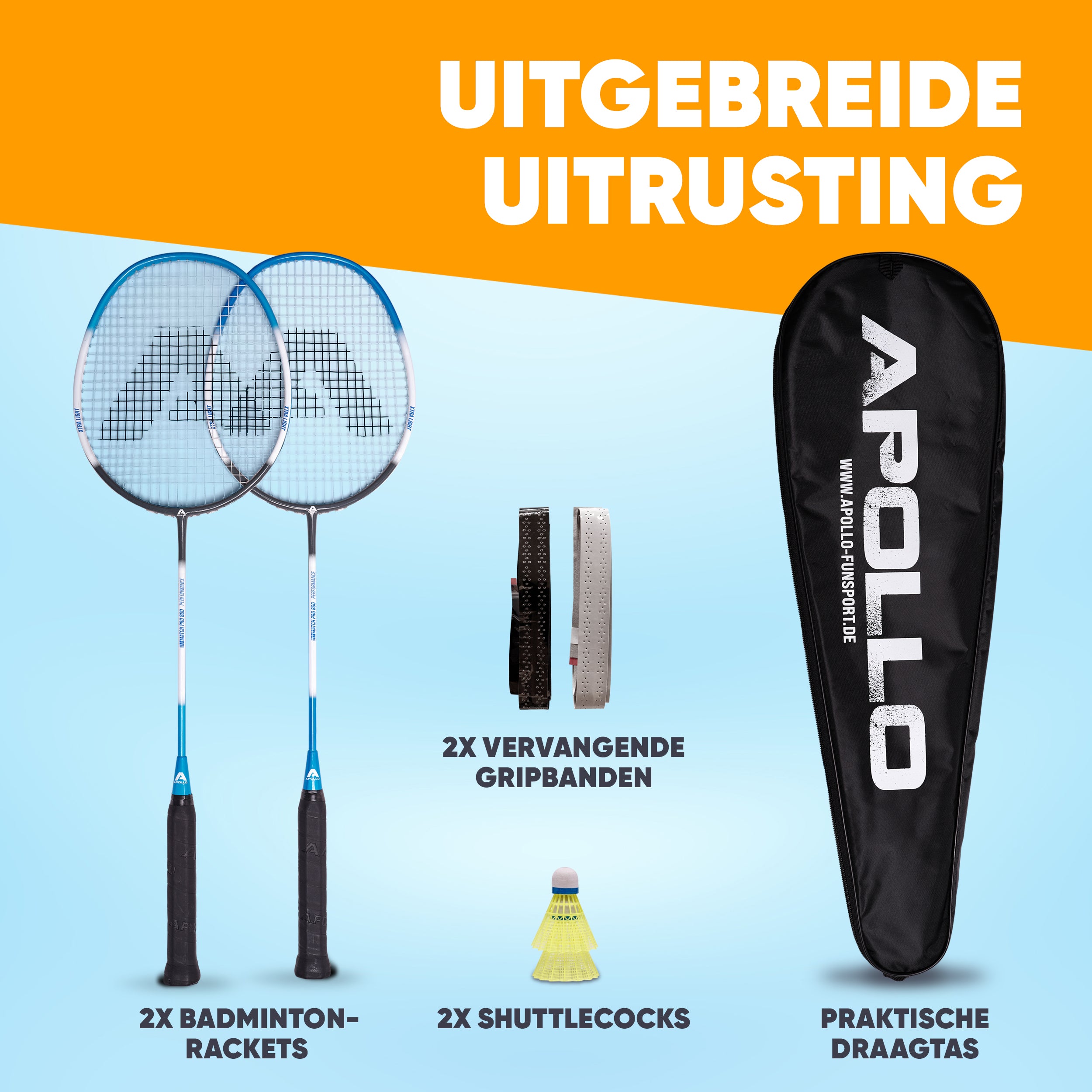 Apollo Badmintonset Match Pro 800 – inclusief tas, 2 rackets, shuttles Blauw Grijs