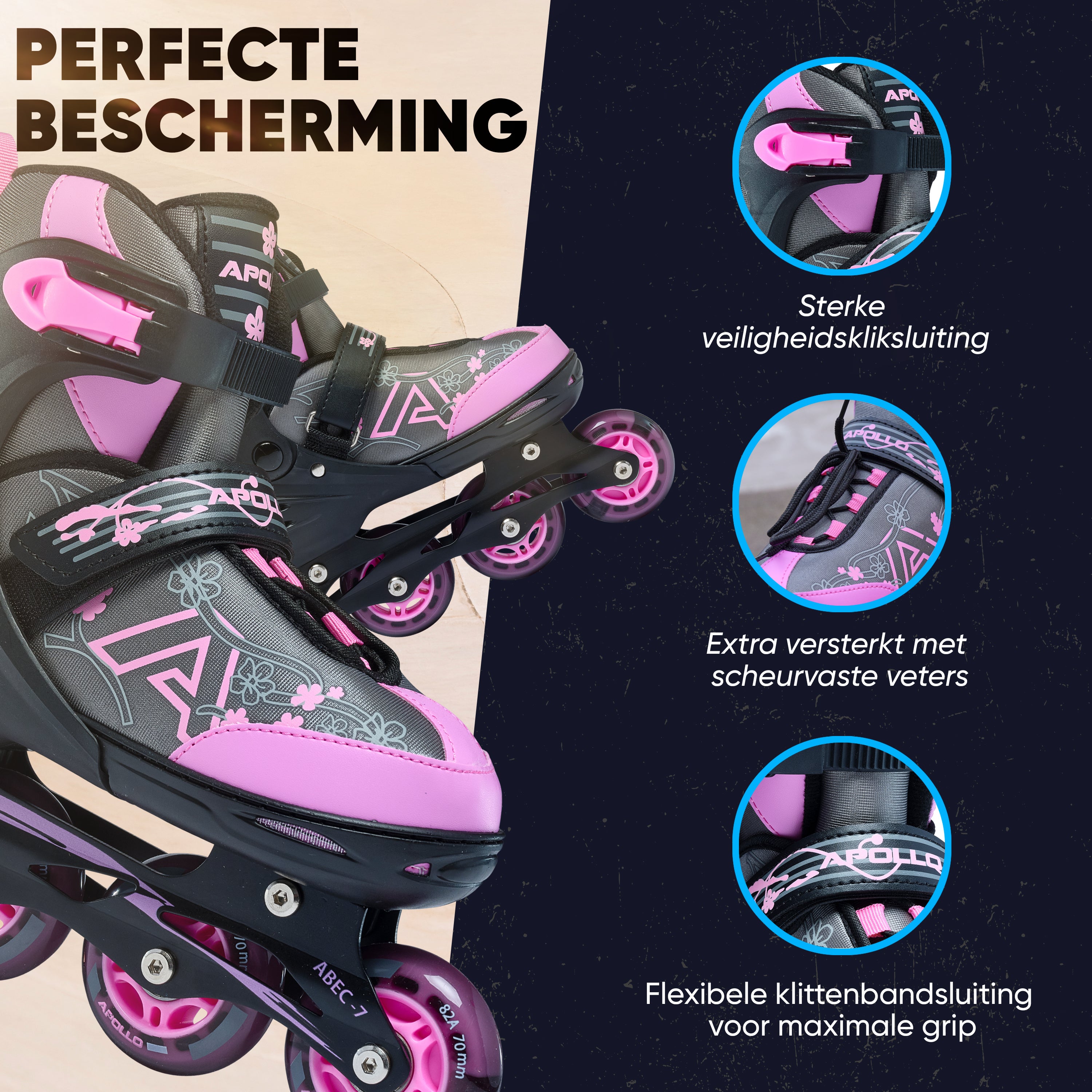 Apollo Champion inline skates in maat verstelbare met LED-wielen, Roze L (39-42)