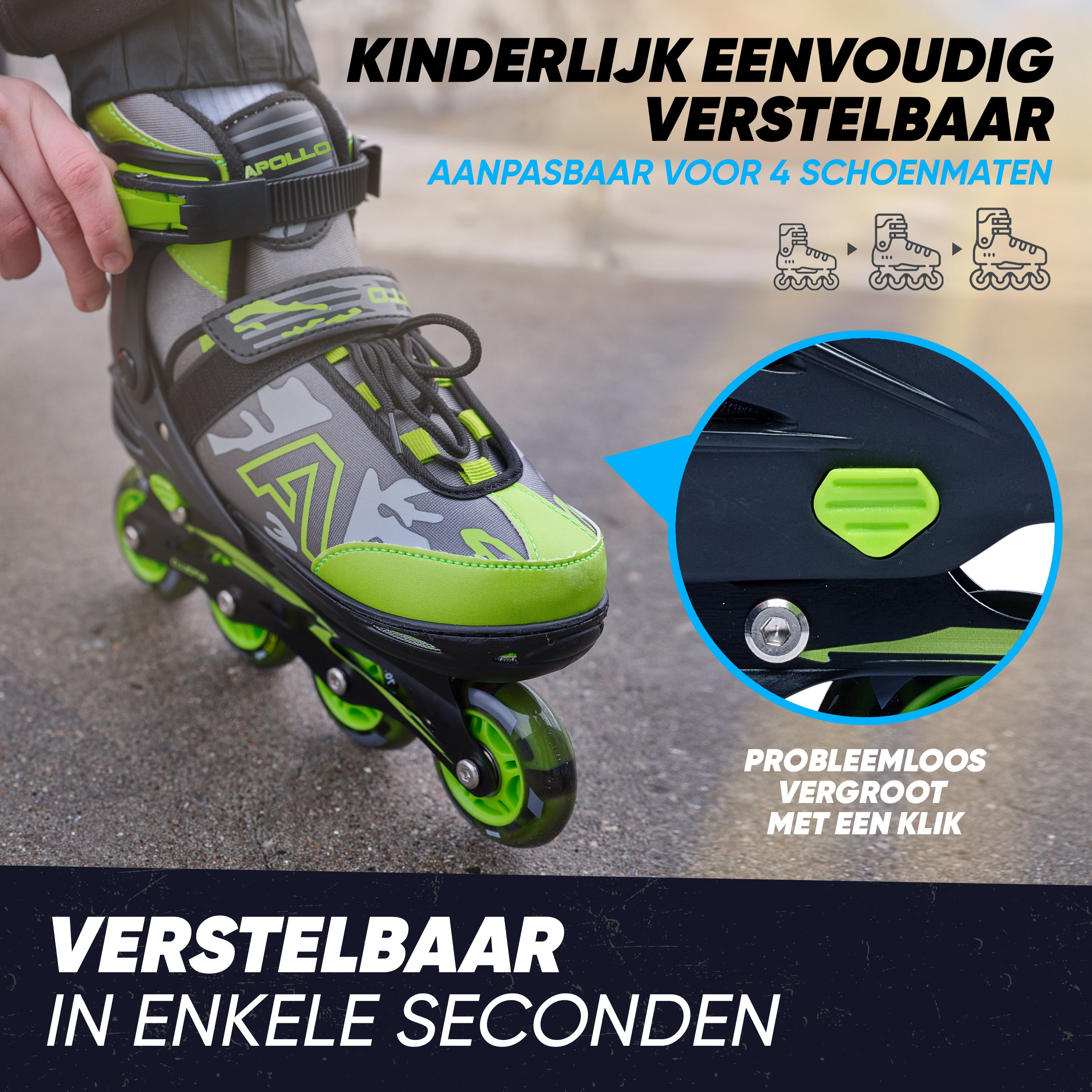 Apollo Champion inline skates in maat verstelbare met LED-wielen, Groen L (39-42)