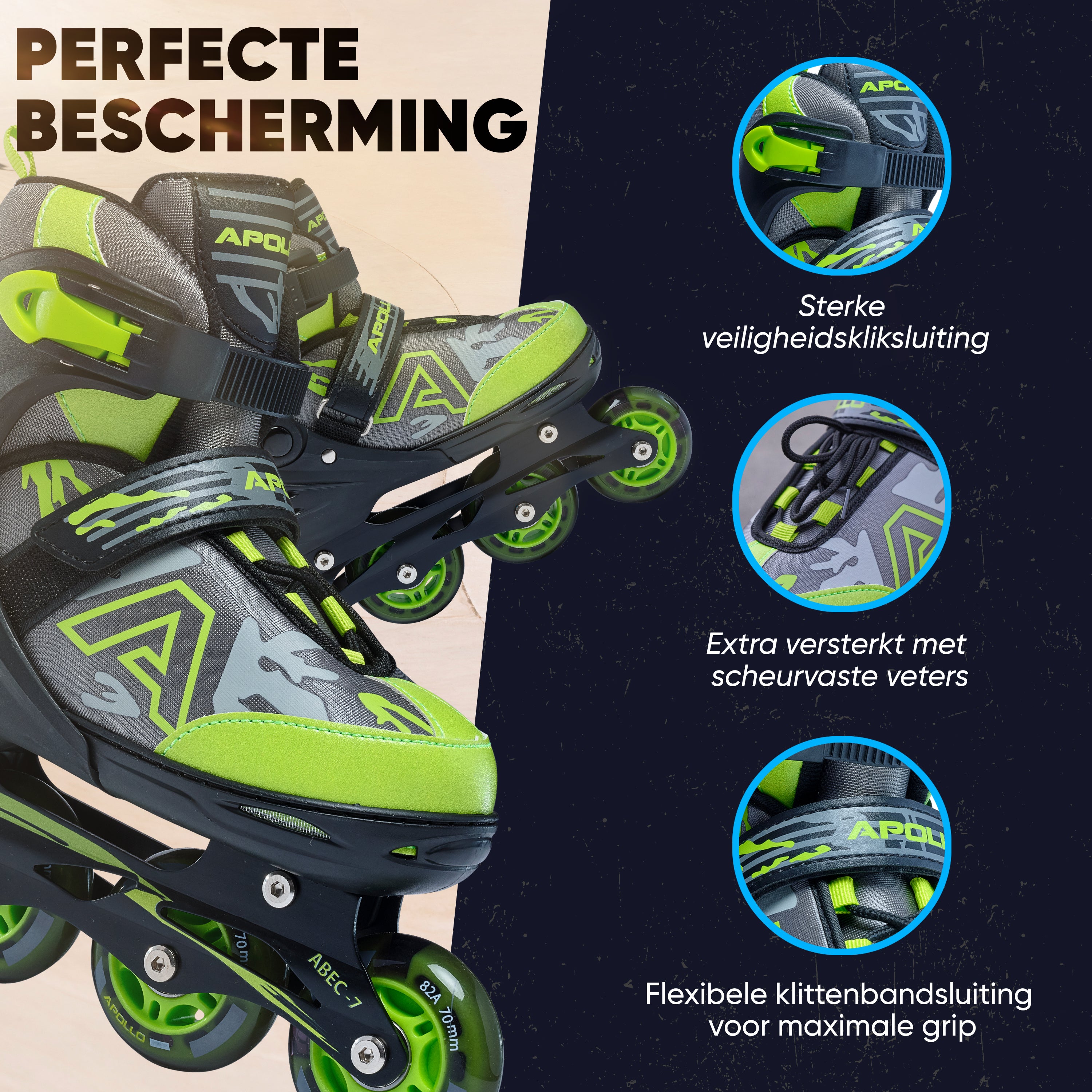 Apollo Champion inline skates in maat verstelbare met LED-wielen, Groen L (39-42)