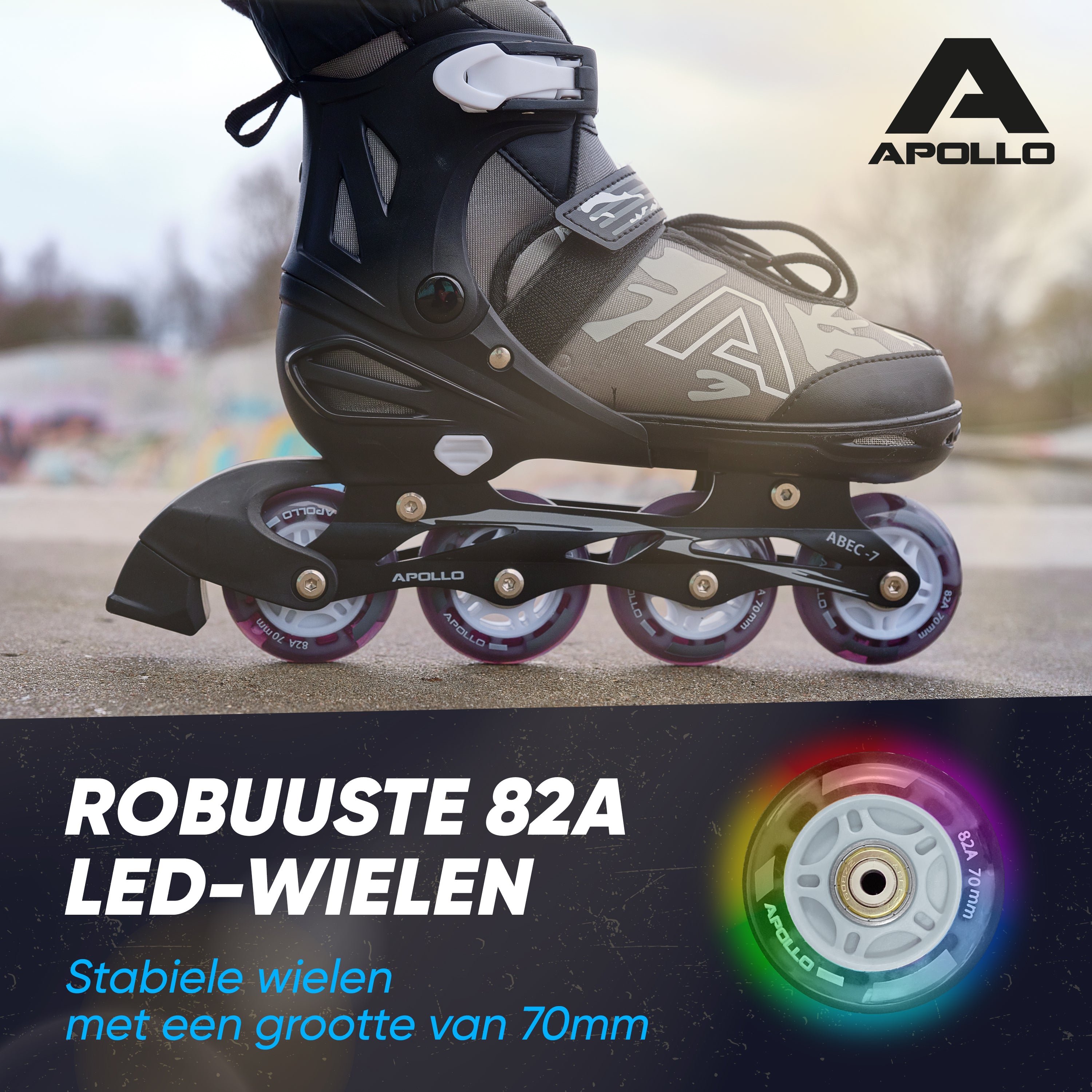 Apollo Champion inline skates in maat verstelbare met LED-wielen, Zwart L (39-42)