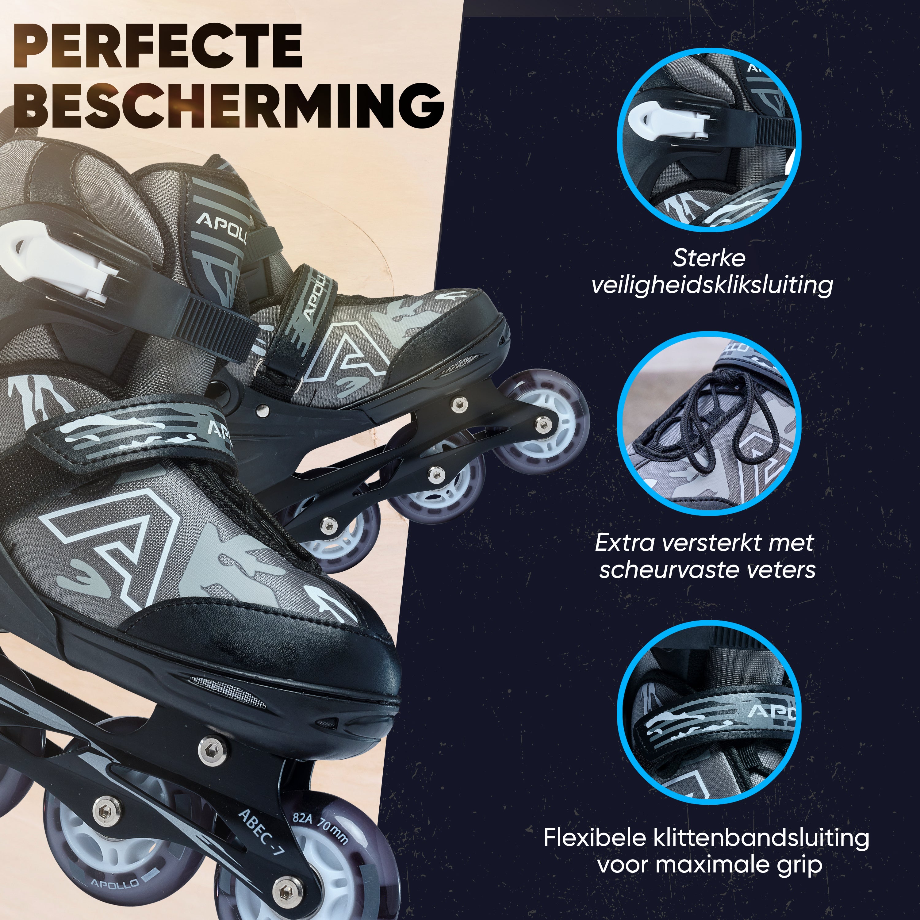 Apollo Champion inline skates in maat verstelbare met LED-wielen, Zwart L (39-42)