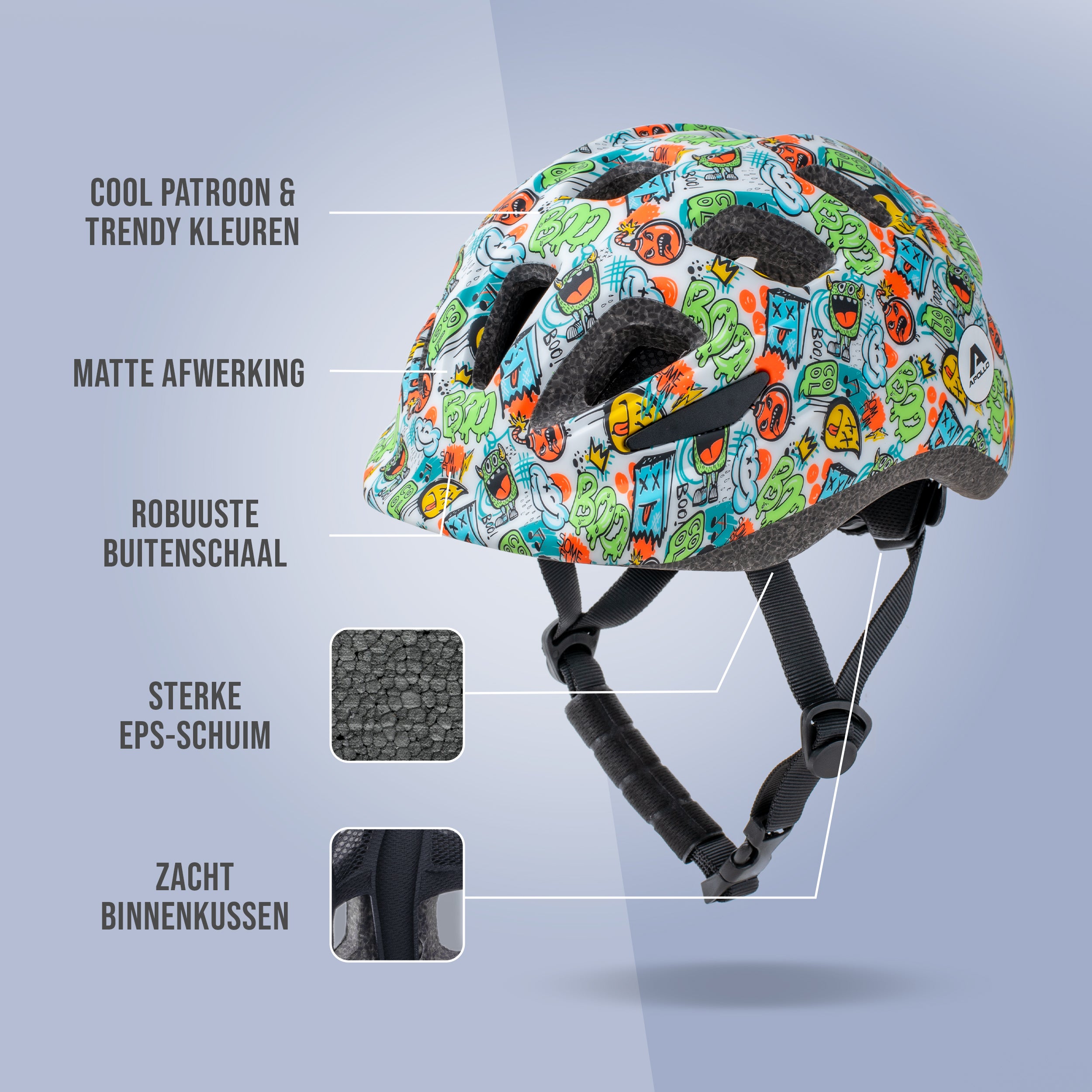 Apollo Kinder fietshelm, helm voor kinderen & tieners, multisport helm Monsta Mania