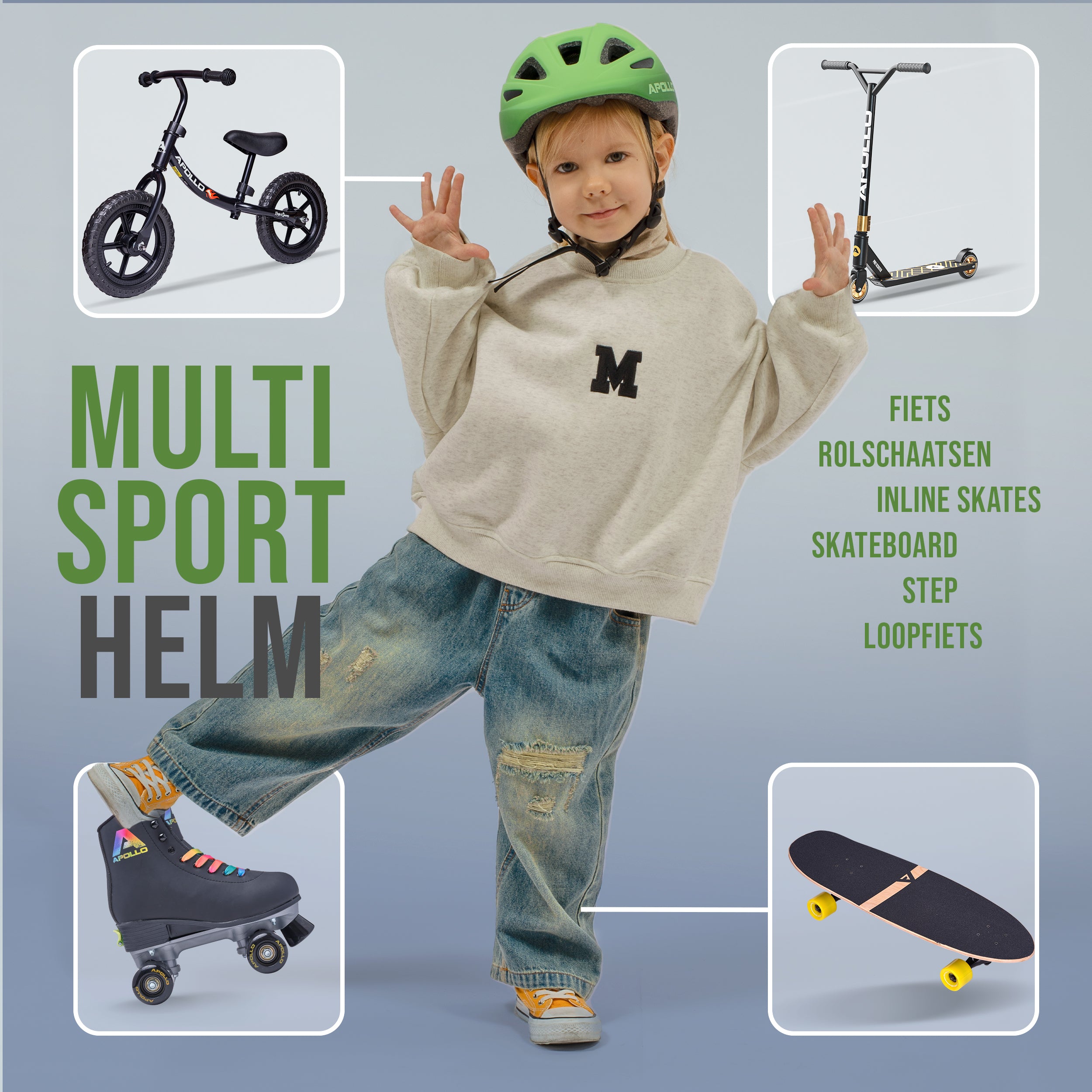 Apollo Kinder fietshelm, helm voor kinderen & tieners, multisport helm Green Fade