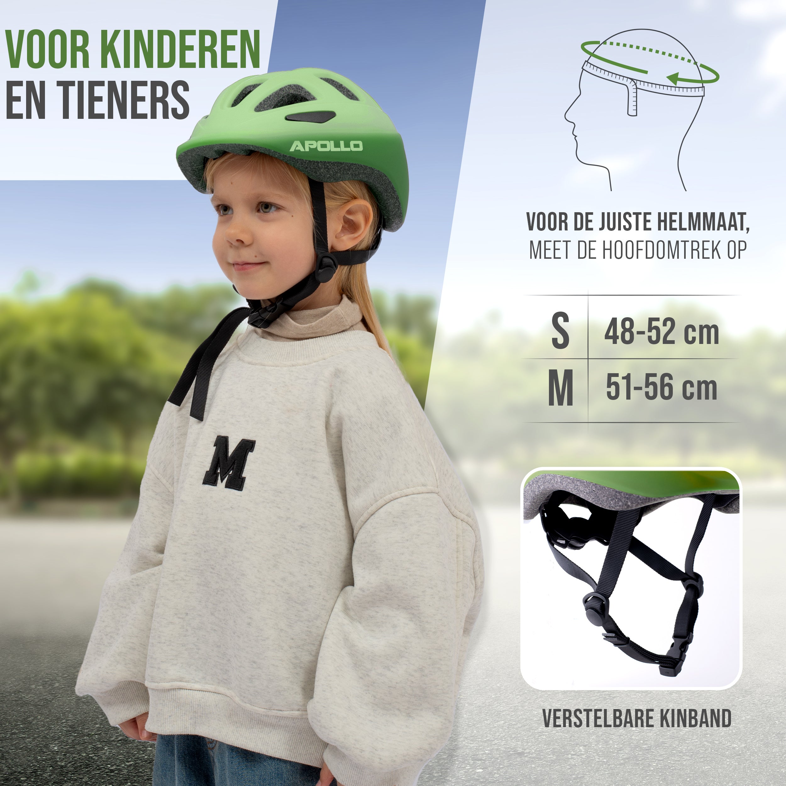 Apollo Kinder fietshelm, helm voor kinderen & tieners, multisport helm Green Fade