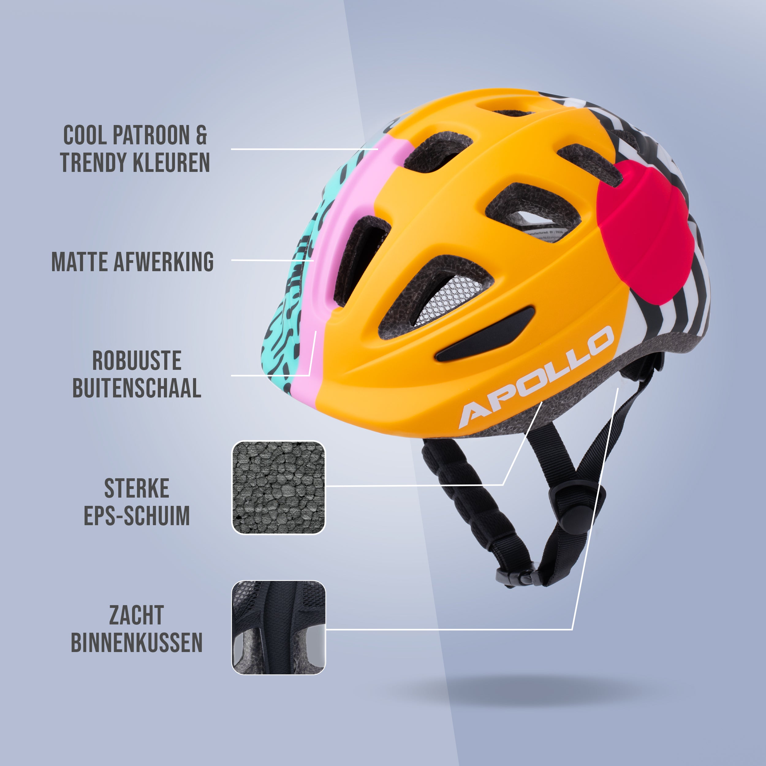 Apollo Kinder fietshelm, helm voor kinderen & tieners, multisport helm 90s Revival