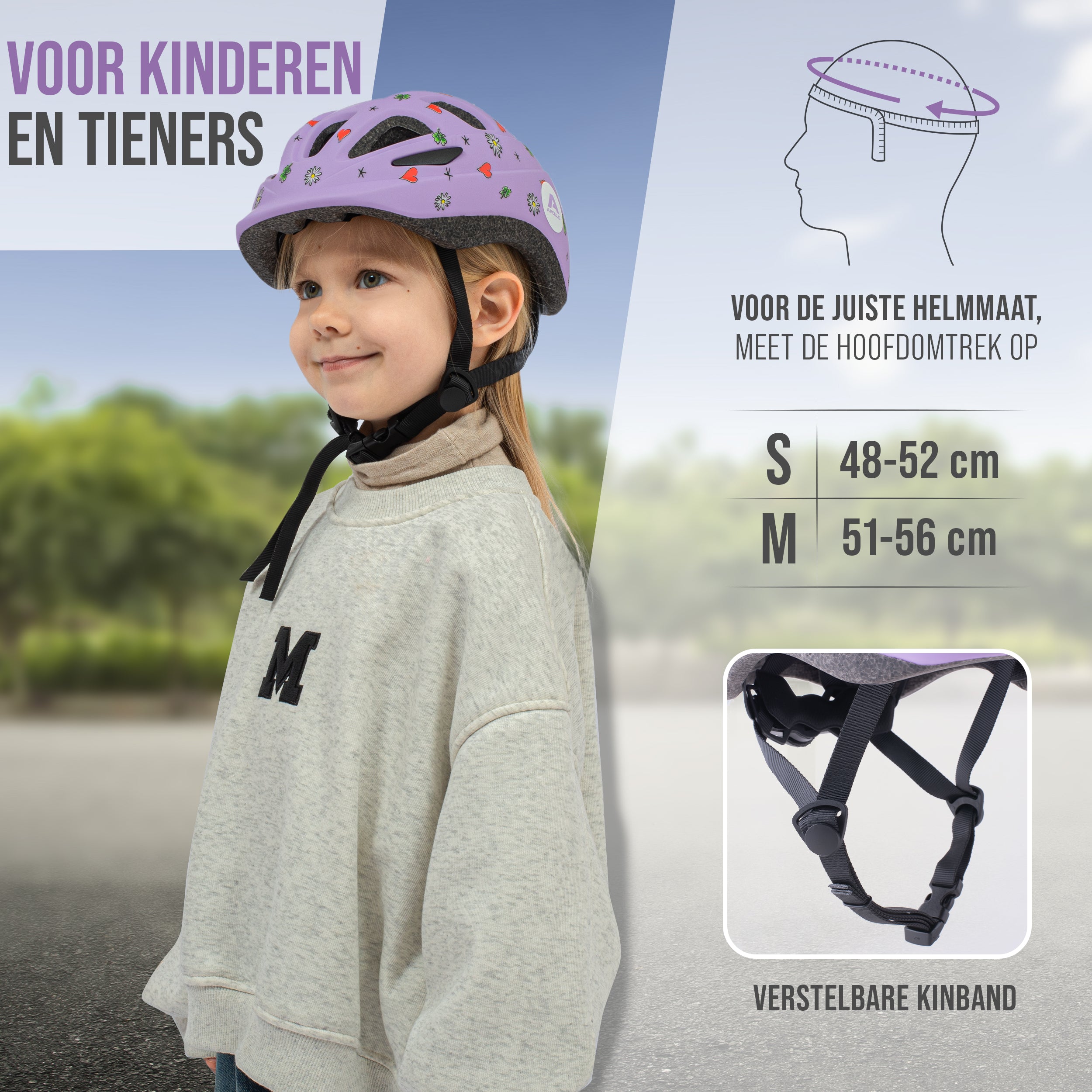 Apollo Kinder fietshelm, helm voor kinderen & tieners, multisport helm Flower Love