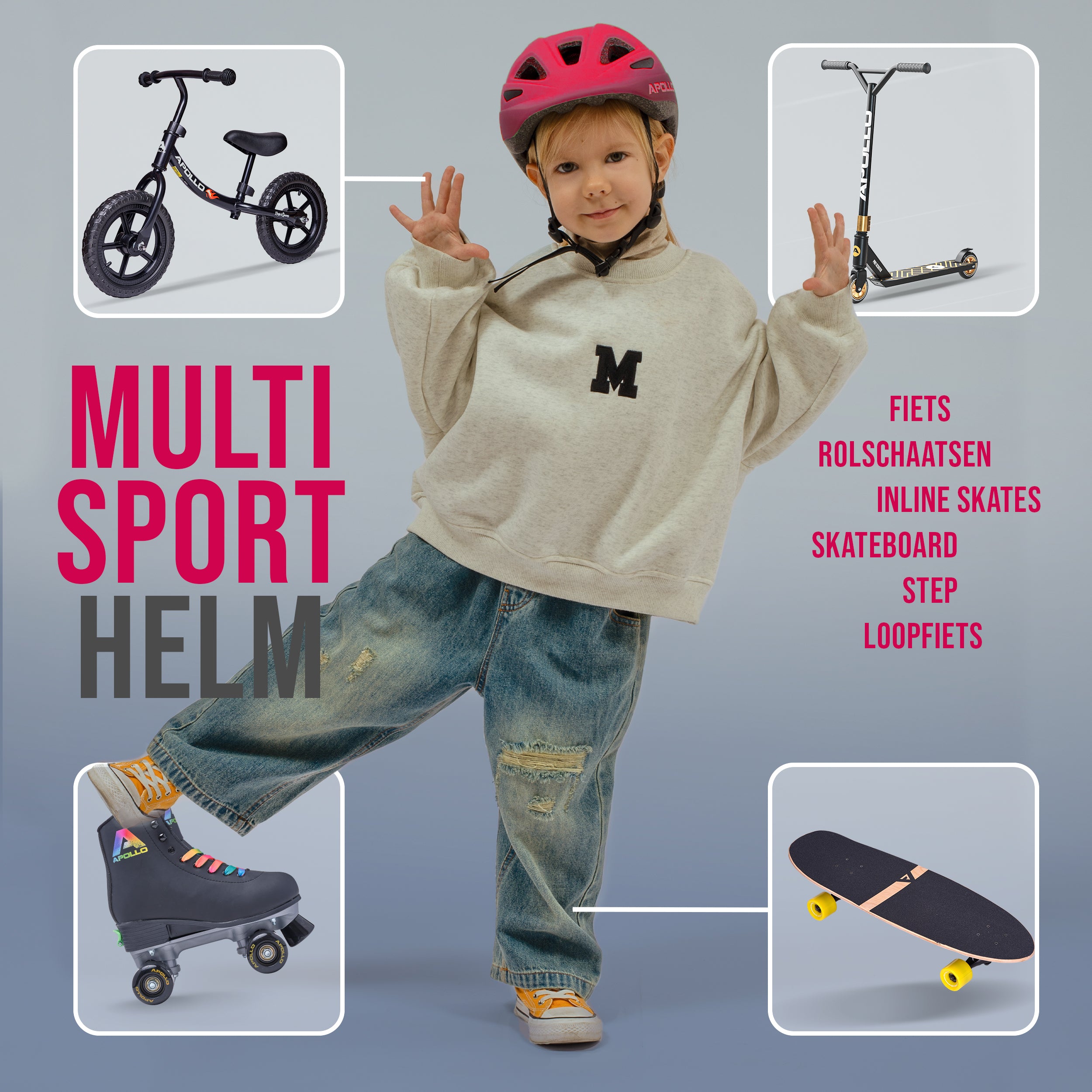 Apollo Kinder fietshelm, helm voor kinderen & tieners, multisport helm Red Fade