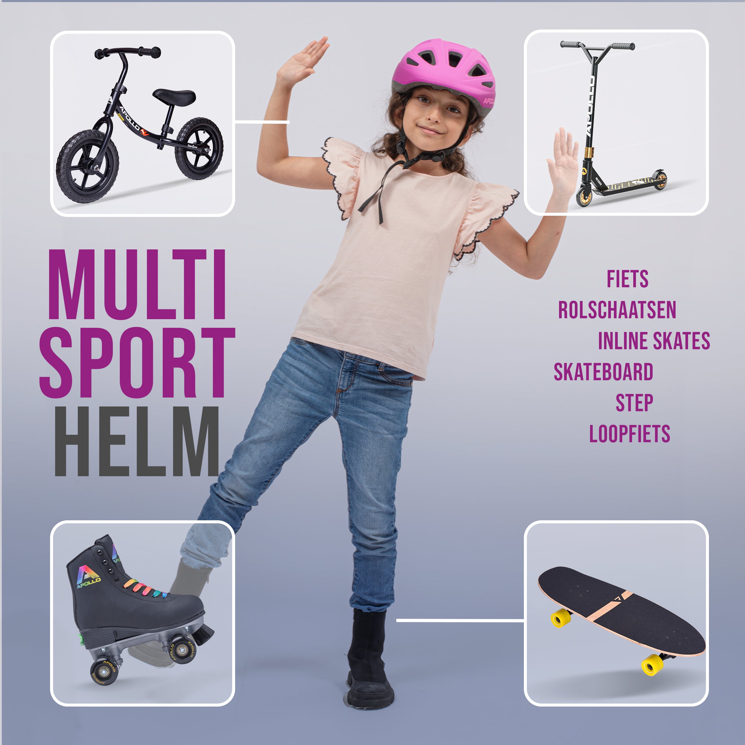 Apollo Kinder fietshelm, helm voor kinderen & tieners, multisport helm Pink Fade