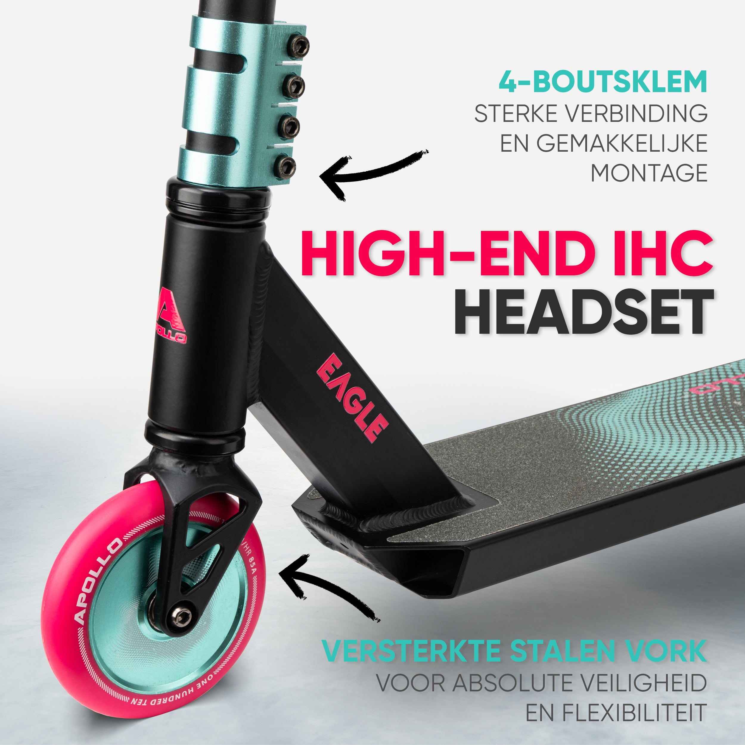 Apollo Stuntstep 'Eagle' - geanodiseerde professionele stuntstep met ABEC9 lagers Zwart Turquoise Roze