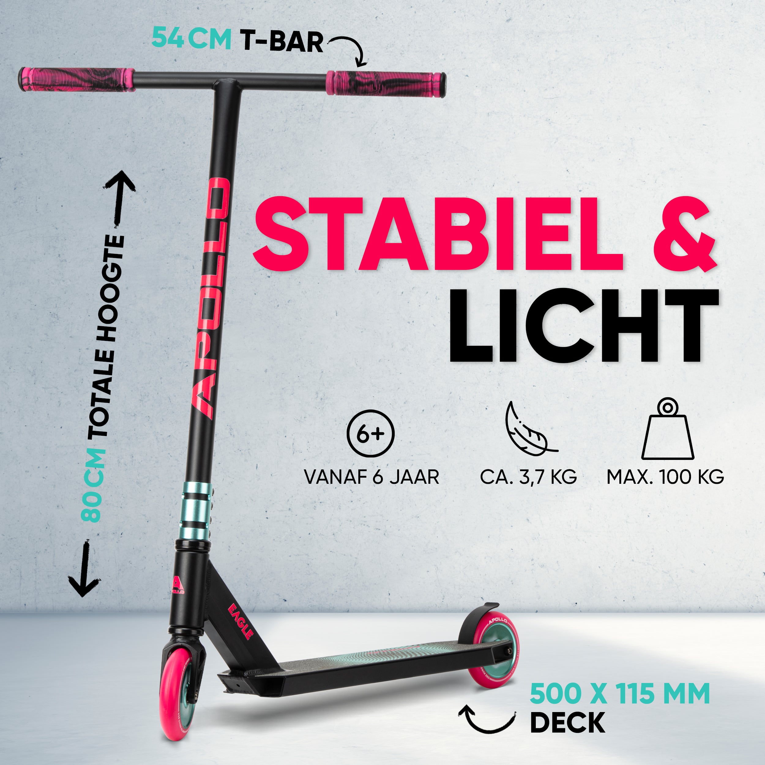 Apollo Stuntstep 'Eagle' - geanodiseerde professionele stuntstep met ABEC9 lagers Zwart Turquoise Roze