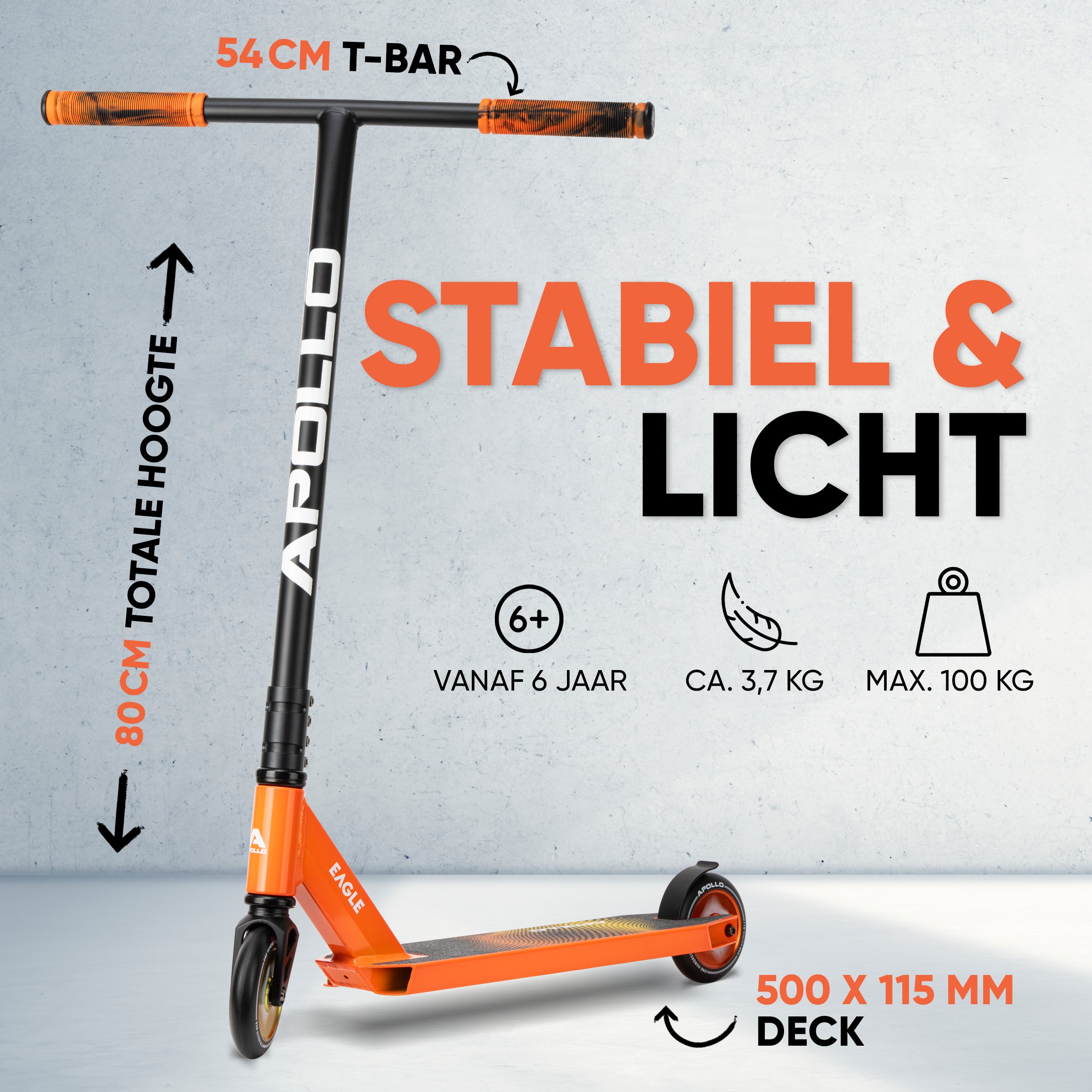 Apollo Stuntstep 'Eagle' - geanodiseerde professionele stuntstep met ABEC9 lagers Zwart Oranje