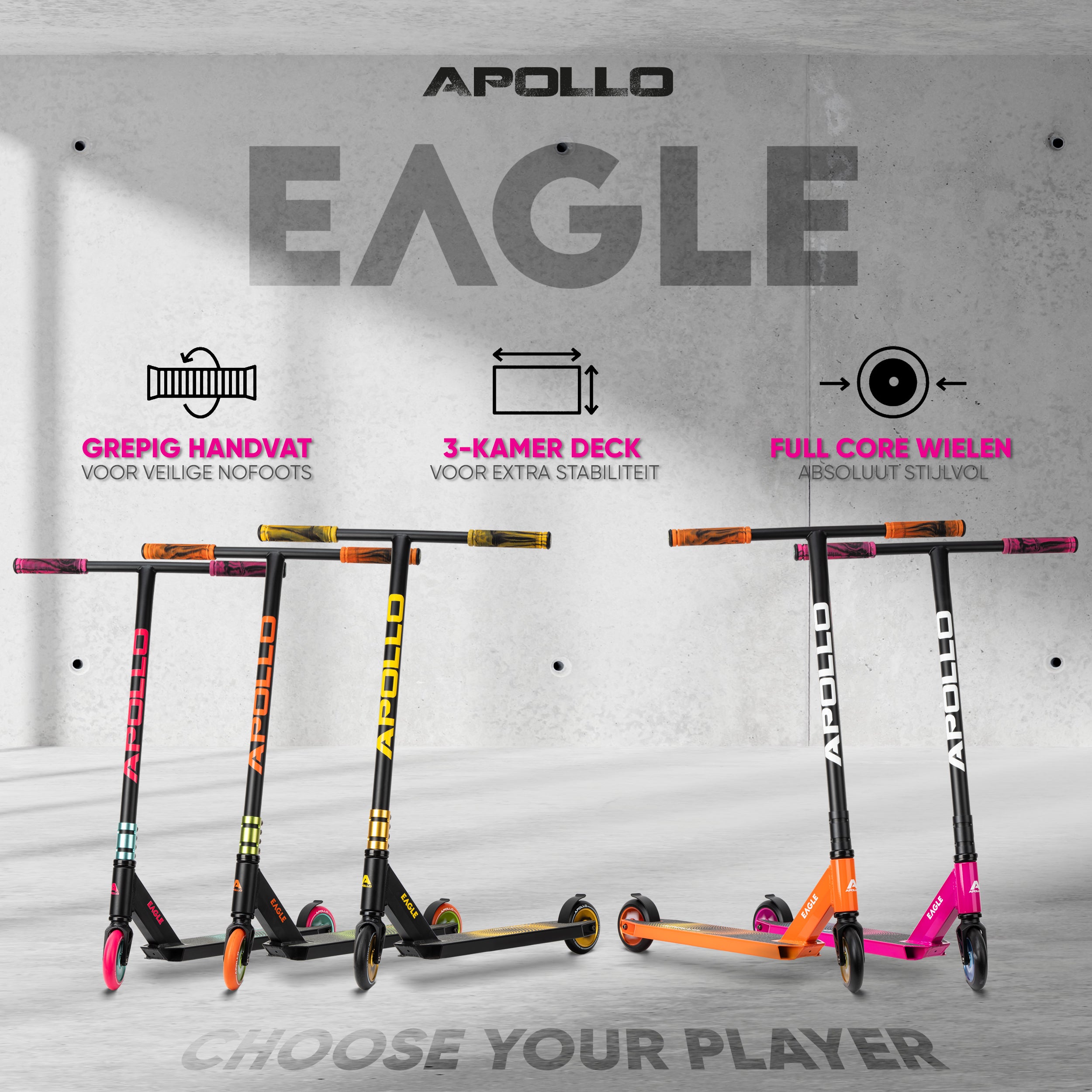 Apollo Stuntstep 'Eagle' - geanodiseerde professionele stuntstep met ABEC9 lagers Roze