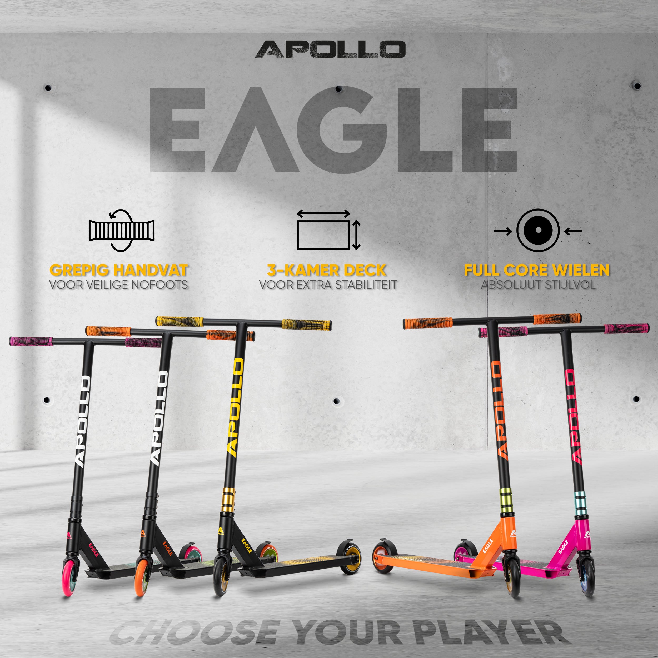 Apollo Stuntstep 'Eagle' - geanodiseerde professionele stuntstep met ABEC9 lagers Zwart Goud