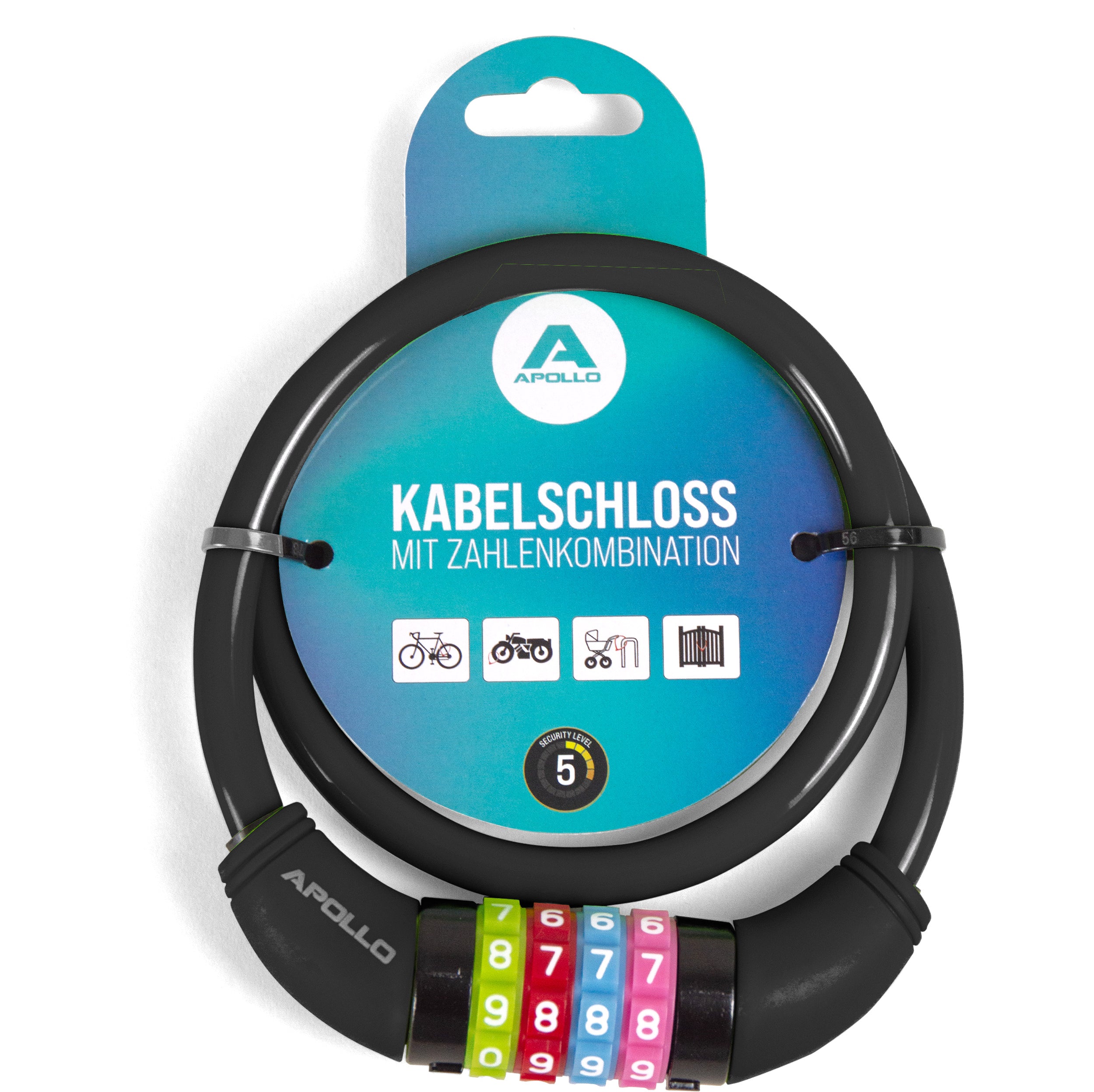 Apollo Fietsslot met cijfers voor kinderen, 10x650 mm, scooterslot, cijferslot Zwart