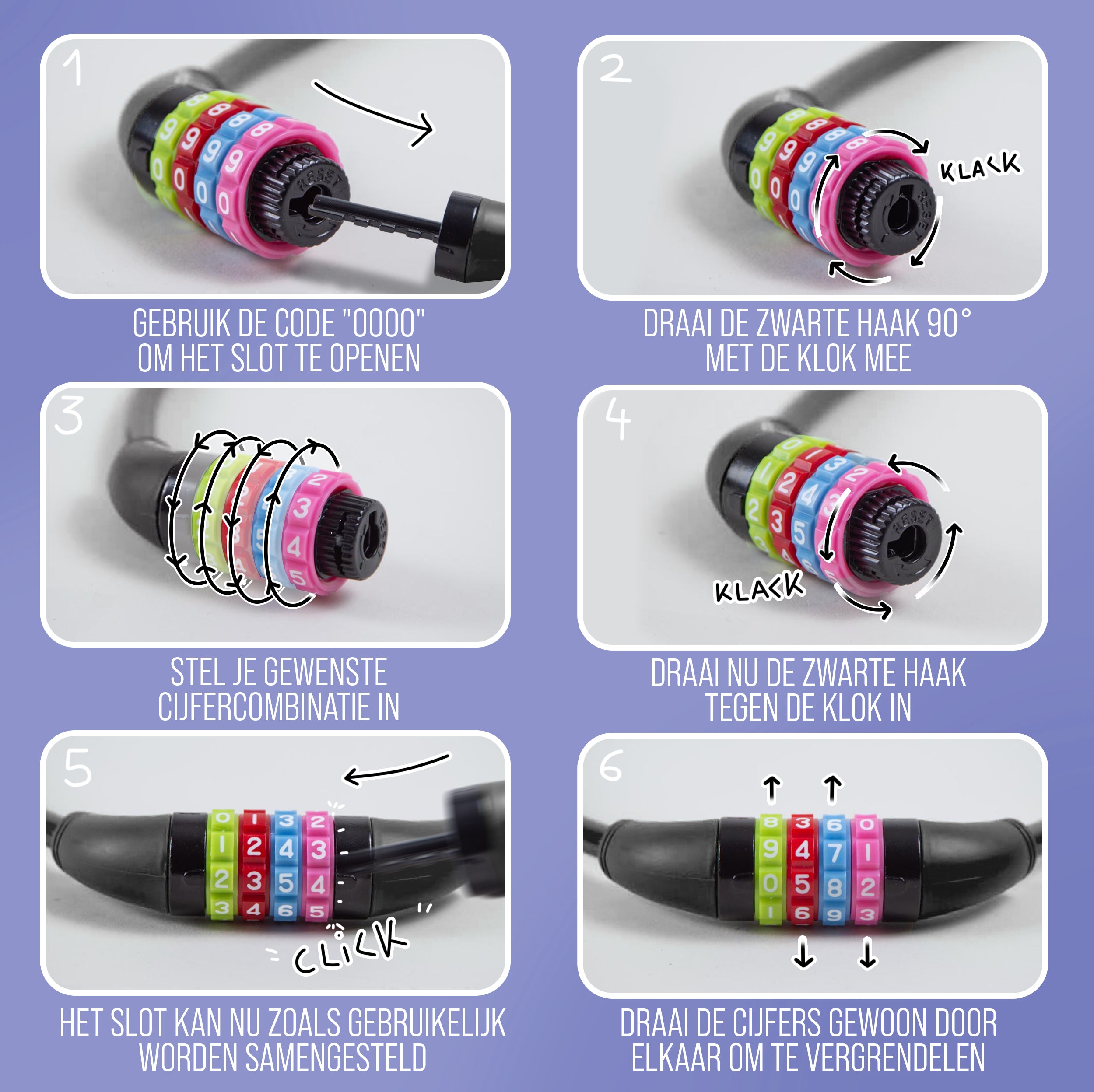 Apollo Fietsslot met cijfers voor kinderen, 10x650 mm, scooterslot, cijferslot Zwart