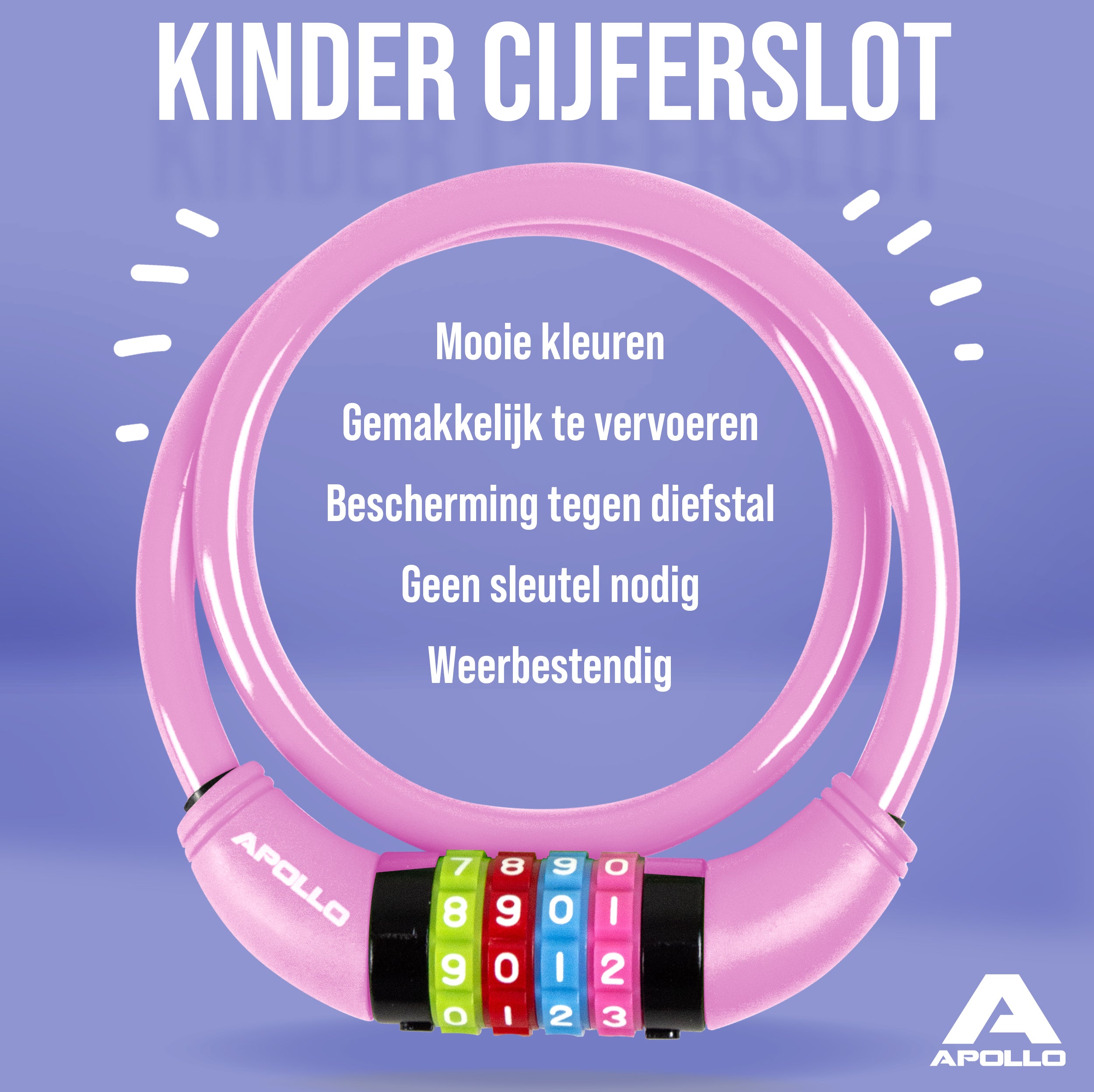 Apollo Fietsslot met cijfers voor kinderen, 10x650 mm, scooterslot, cijferslot Roze