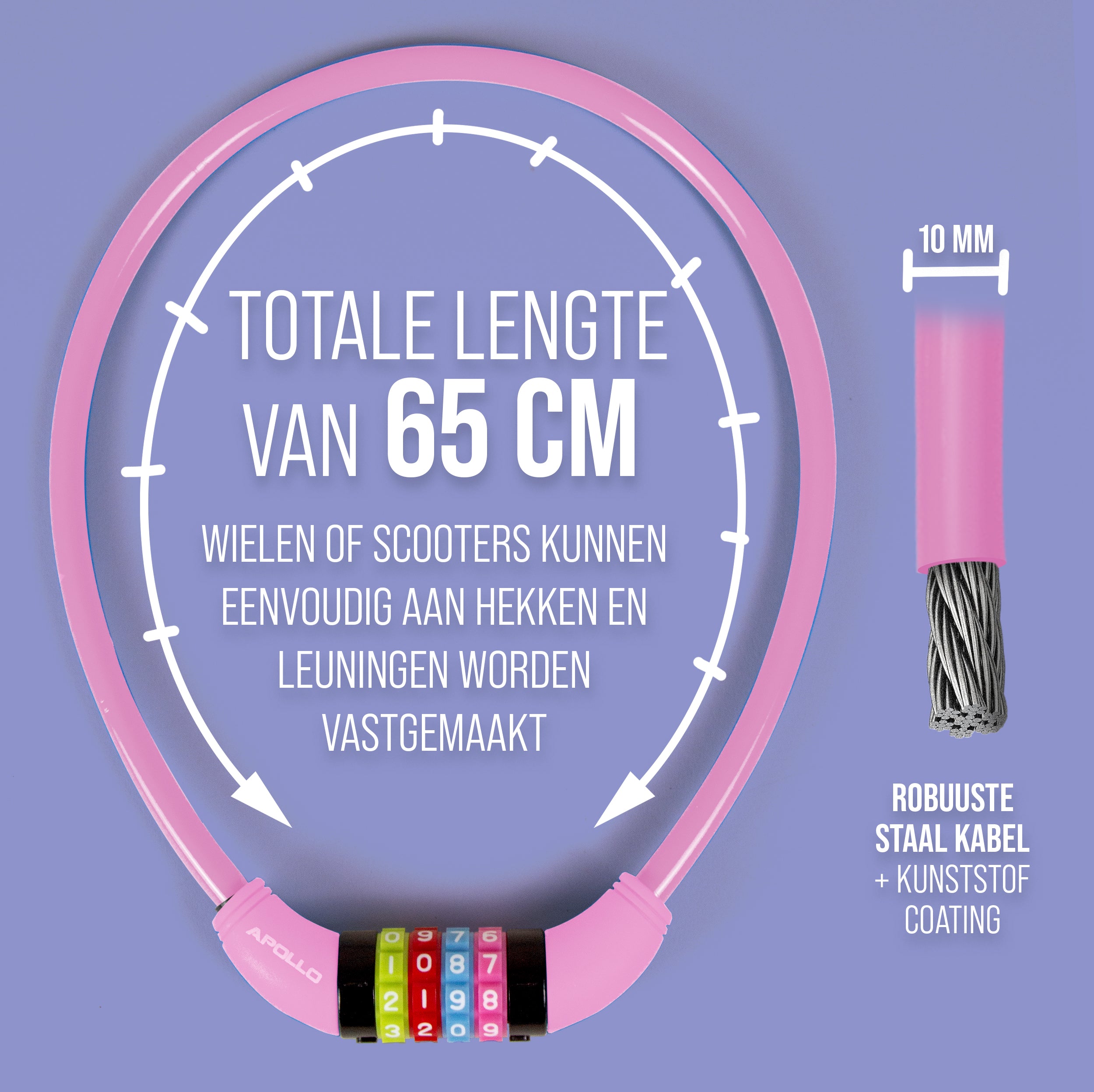 Apollo Fietsslot met cijfers voor kinderen, 10x650 mm, scooterslot, cijferslot Roze