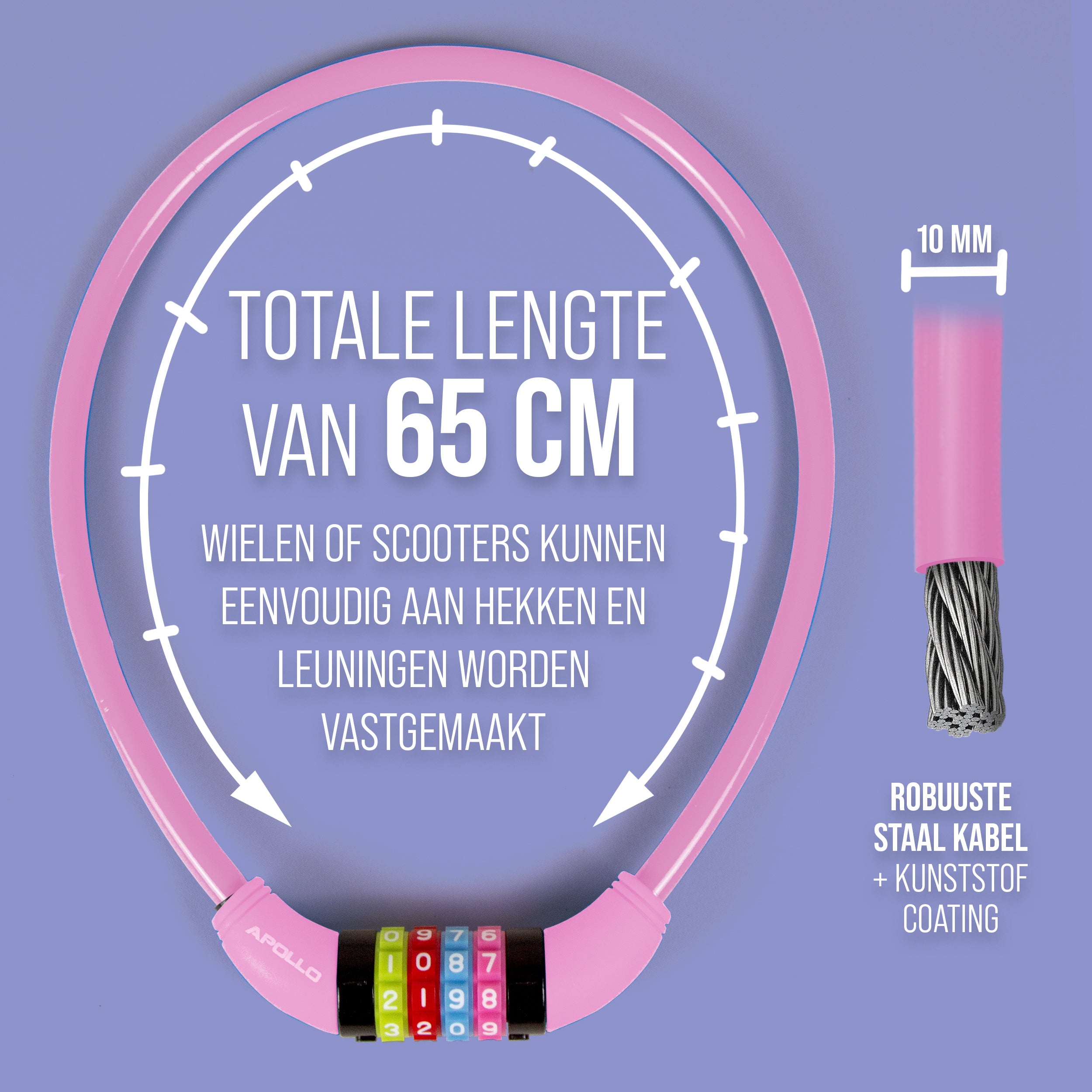 Apollo Fietsslot met cijfers voor kinderen, 10x650 mm, scooterslot, cijferslot Roze