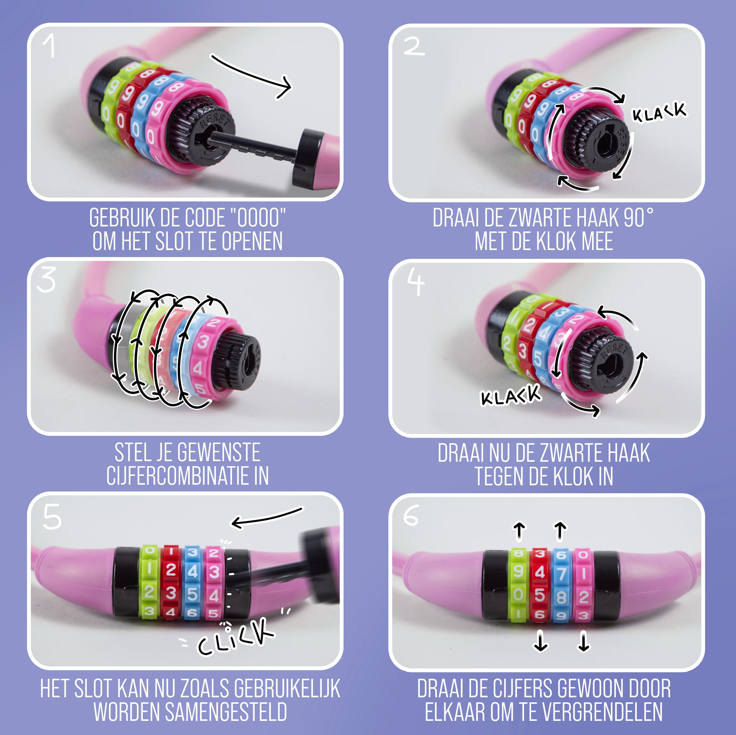 Apollo Fietsslot met cijfers voor kinderen, 10x650 mm, scooterslot, cijferslot Roze