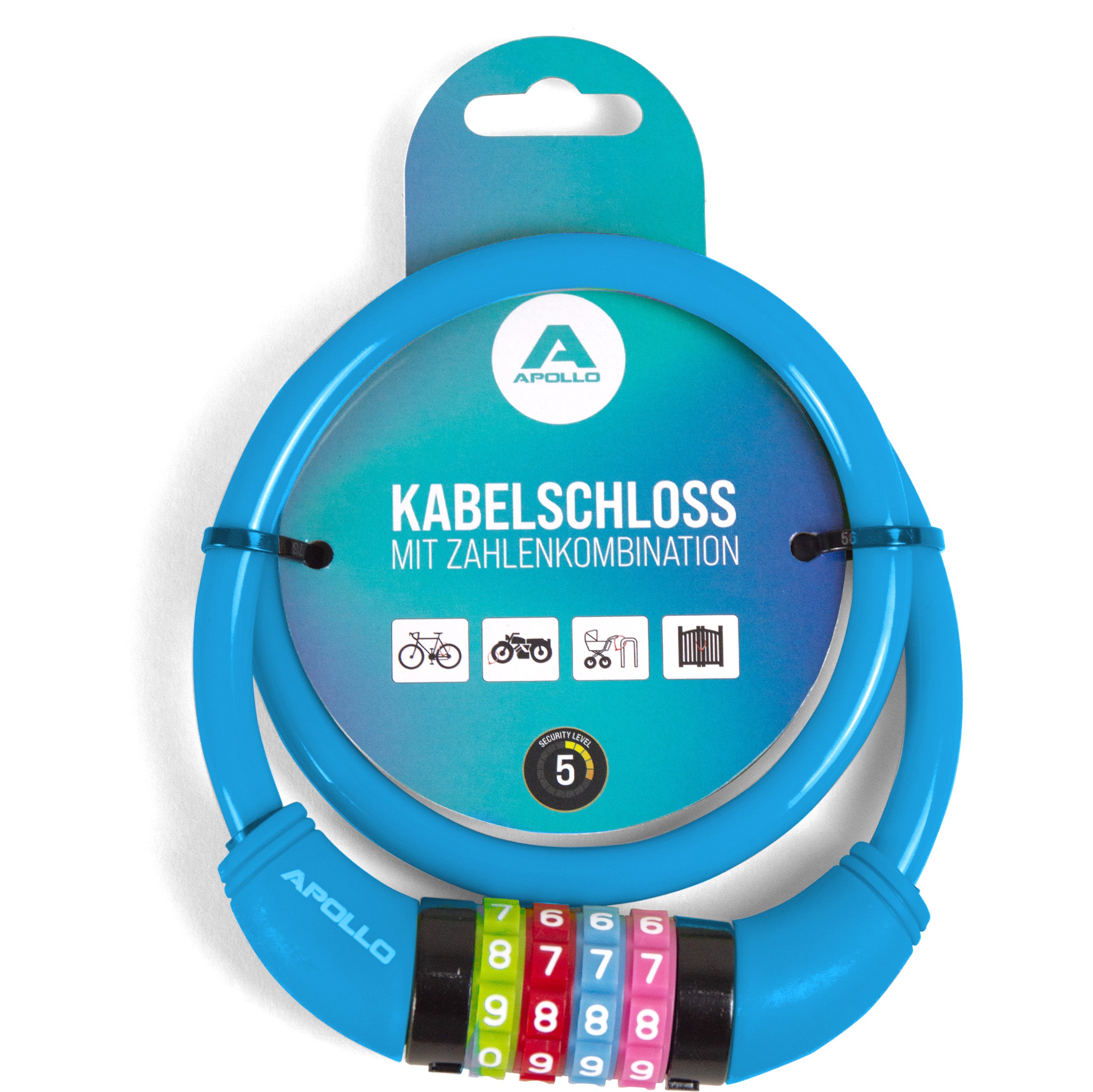 Apollo Fietsslot met cijfers voor kinderen, 10x650 mm, scooterslot, cijferslot Blauw