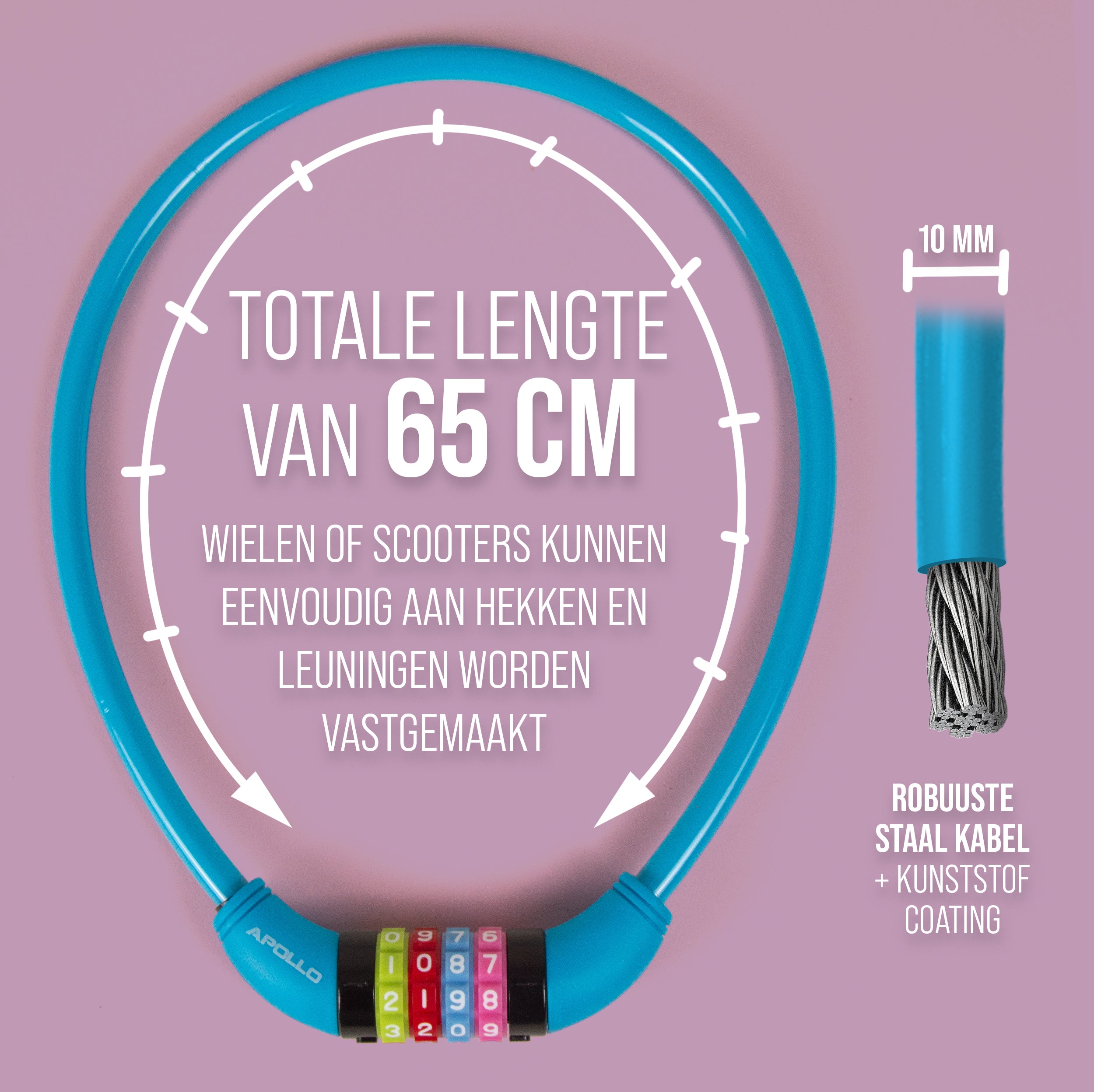 Apollo Fietsslot met cijfers voor kinderen, 10x650 mm, scooterslot, cijferslot Blauw