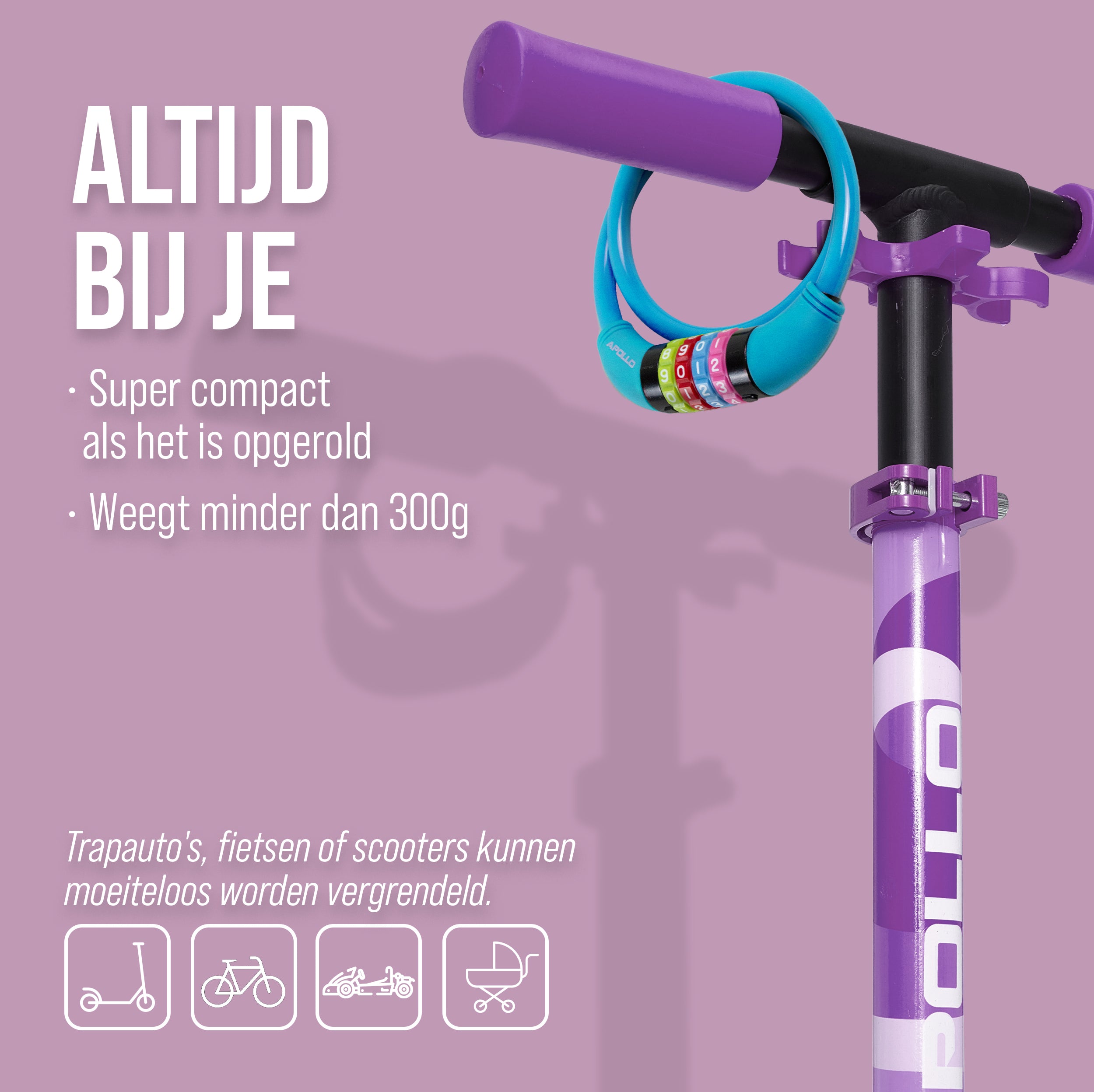 Apollo Fietsslot met cijfers voor kinderen, 10x650 mm, scooterslot, cijferslot Blauw