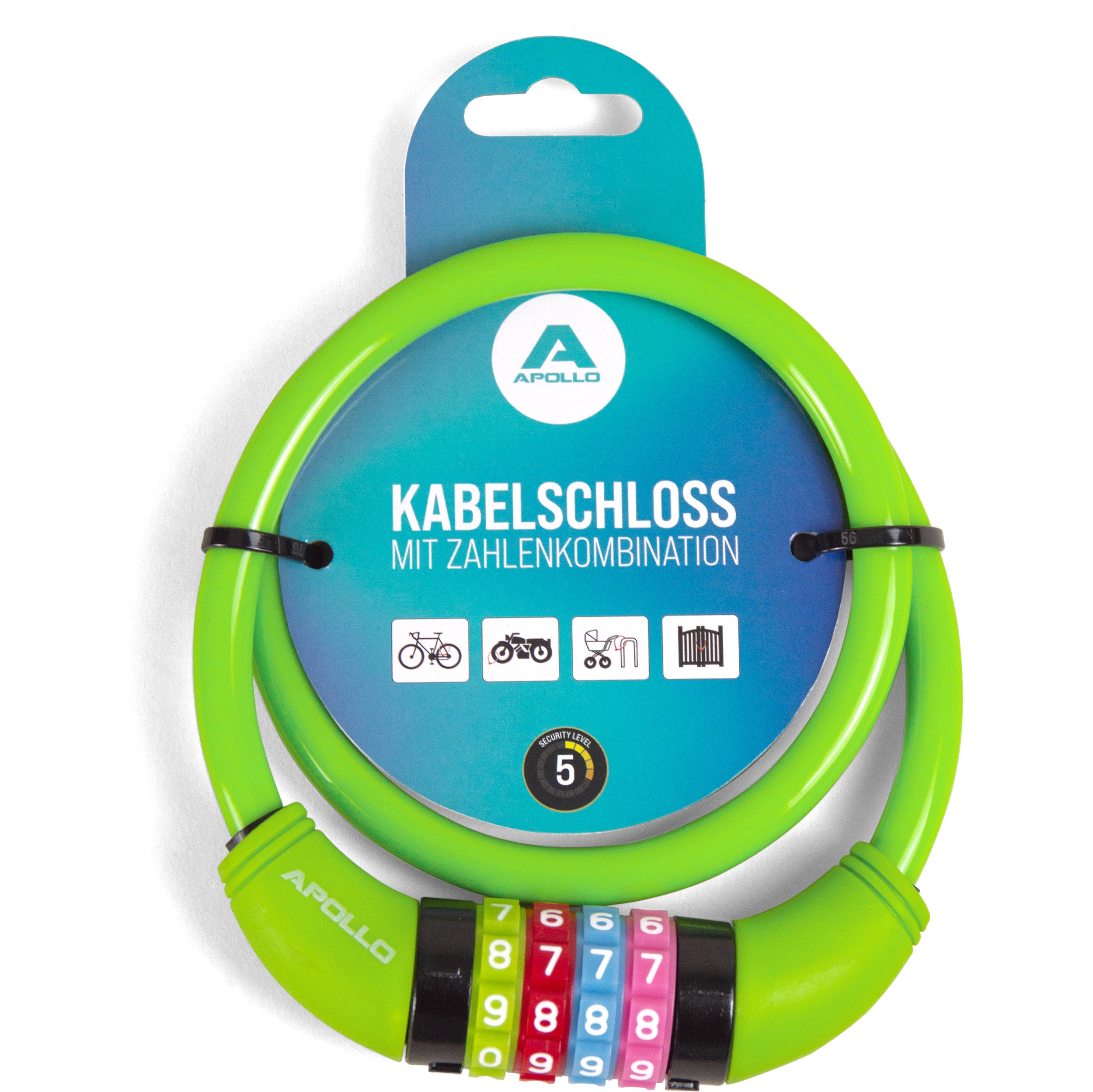 Apollo Fietsslot met cijfers voor kinderen, 10x650 mm, scooterslot, cijferslot Groen