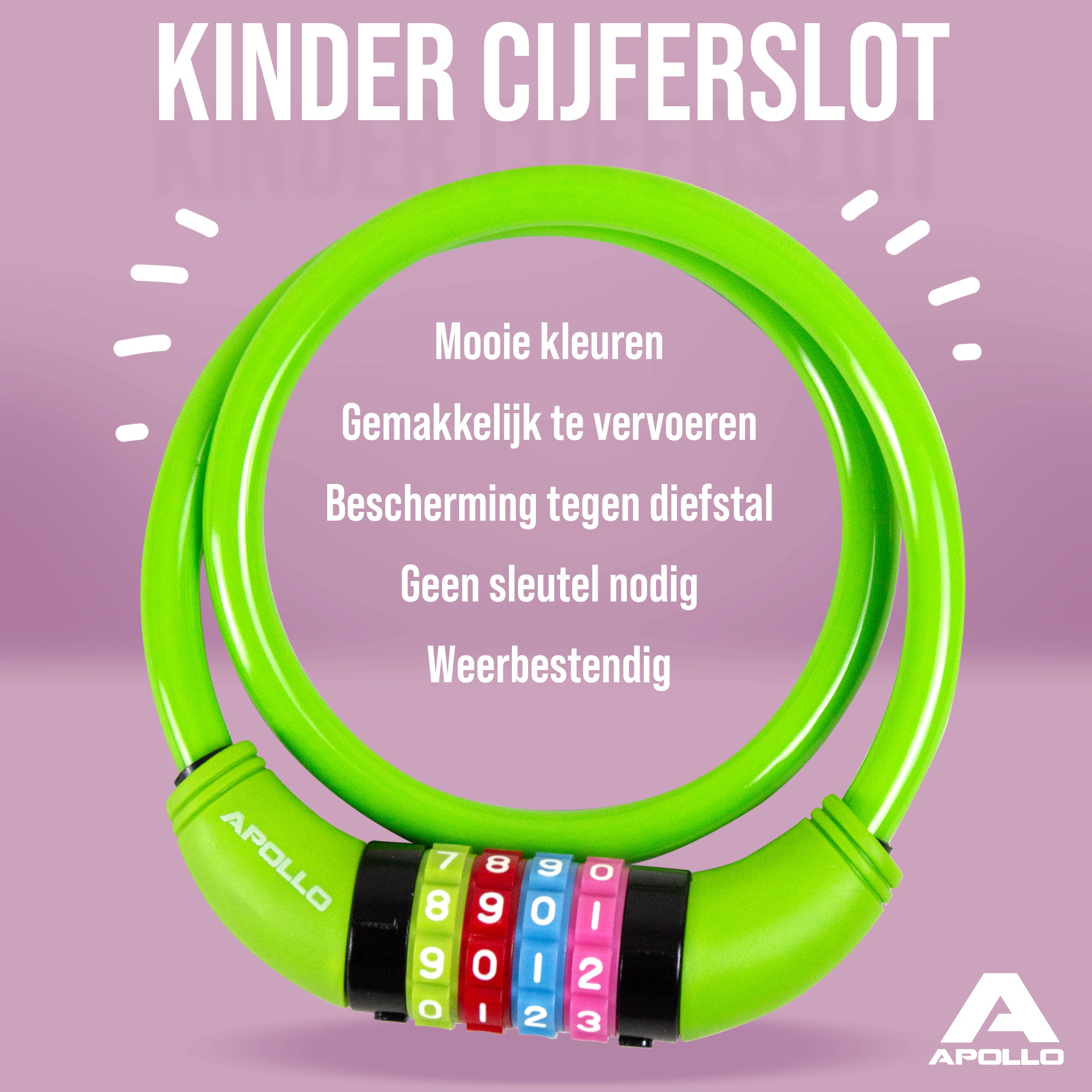 Apollo Fietsslot met cijfers voor kinderen, 10x650 mm, scooterslot, cijferslot Groen