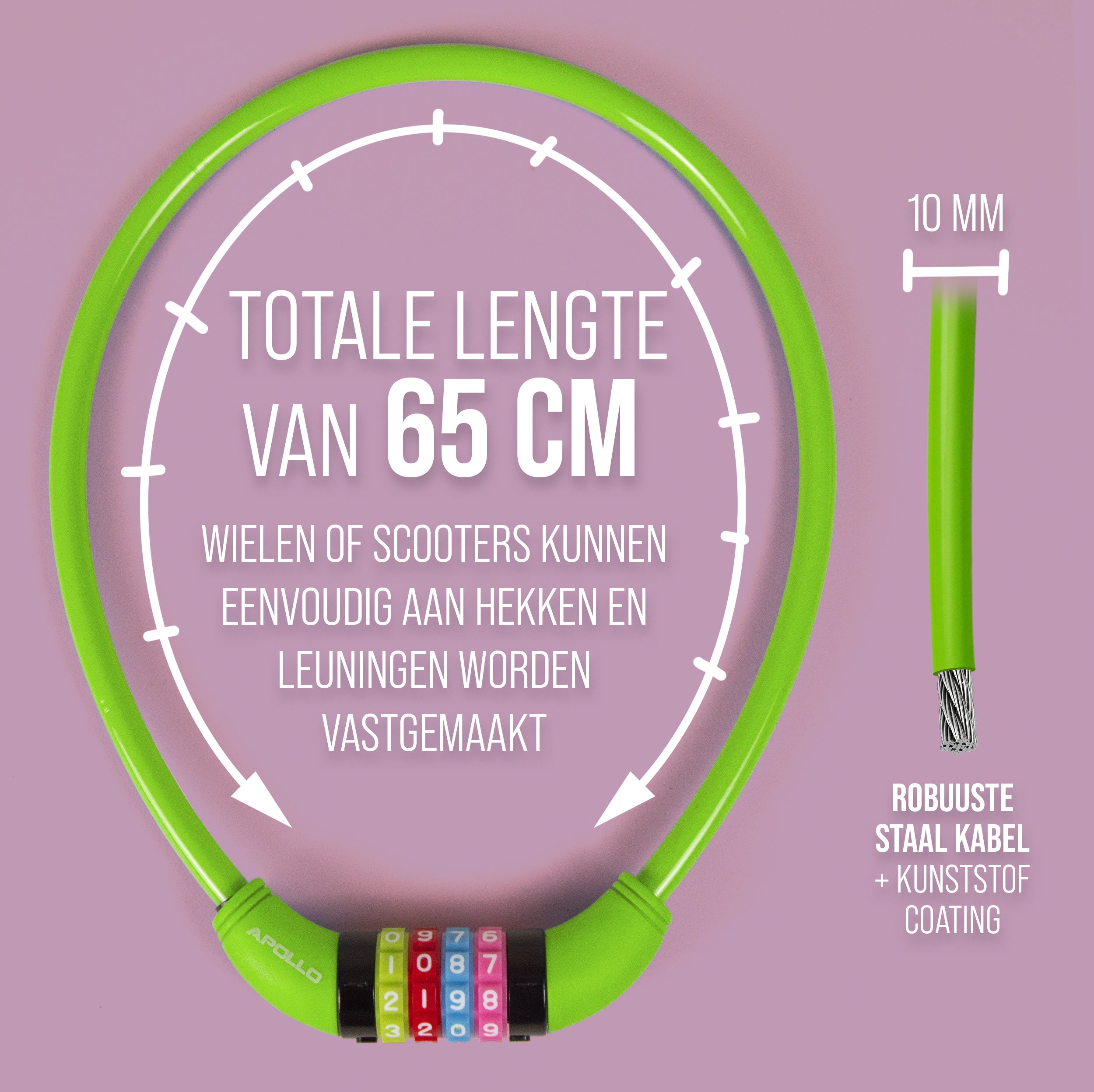 Apollo Fietsslot met cijfers voor kinderen, 10x650 mm, scooterslot, cijferslot Groen