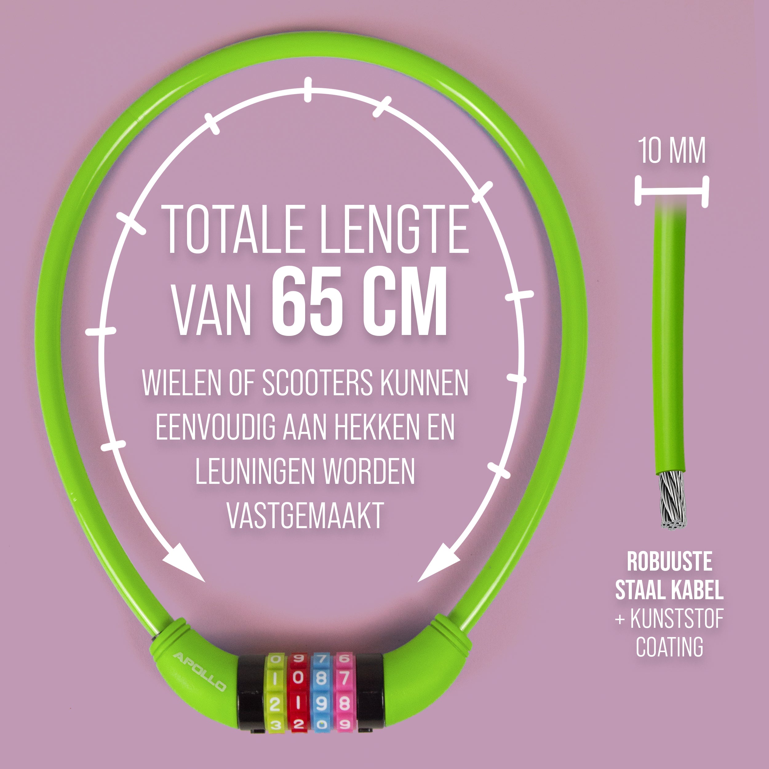 Apollo Fietsslot met cijfers voor kinderen, 10x650 mm, scooterslot, cijferslot Groen