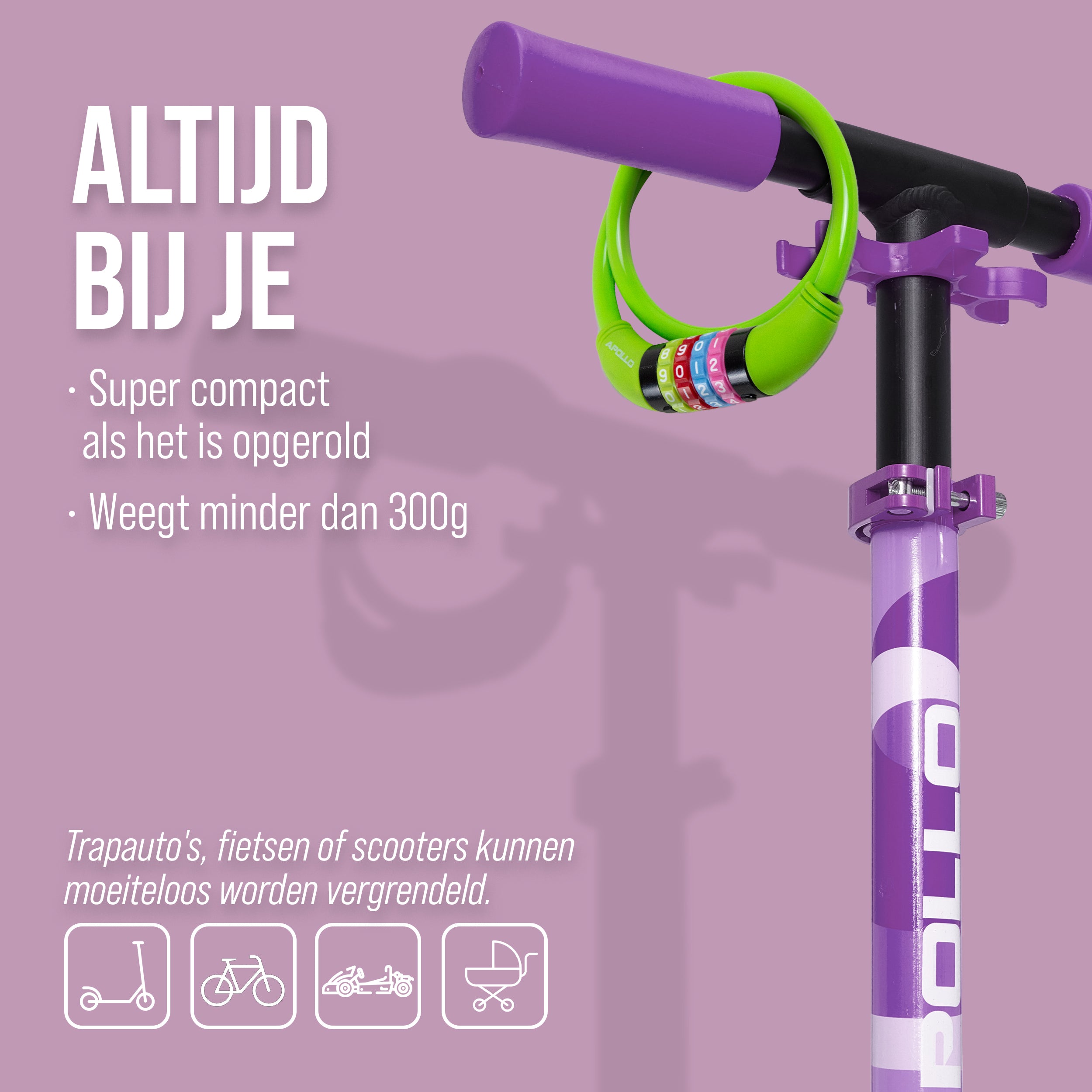 Apollo Fietsslot met cijfers voor kinderen, 10x650 mm, scooterslot, cijferslot Groen