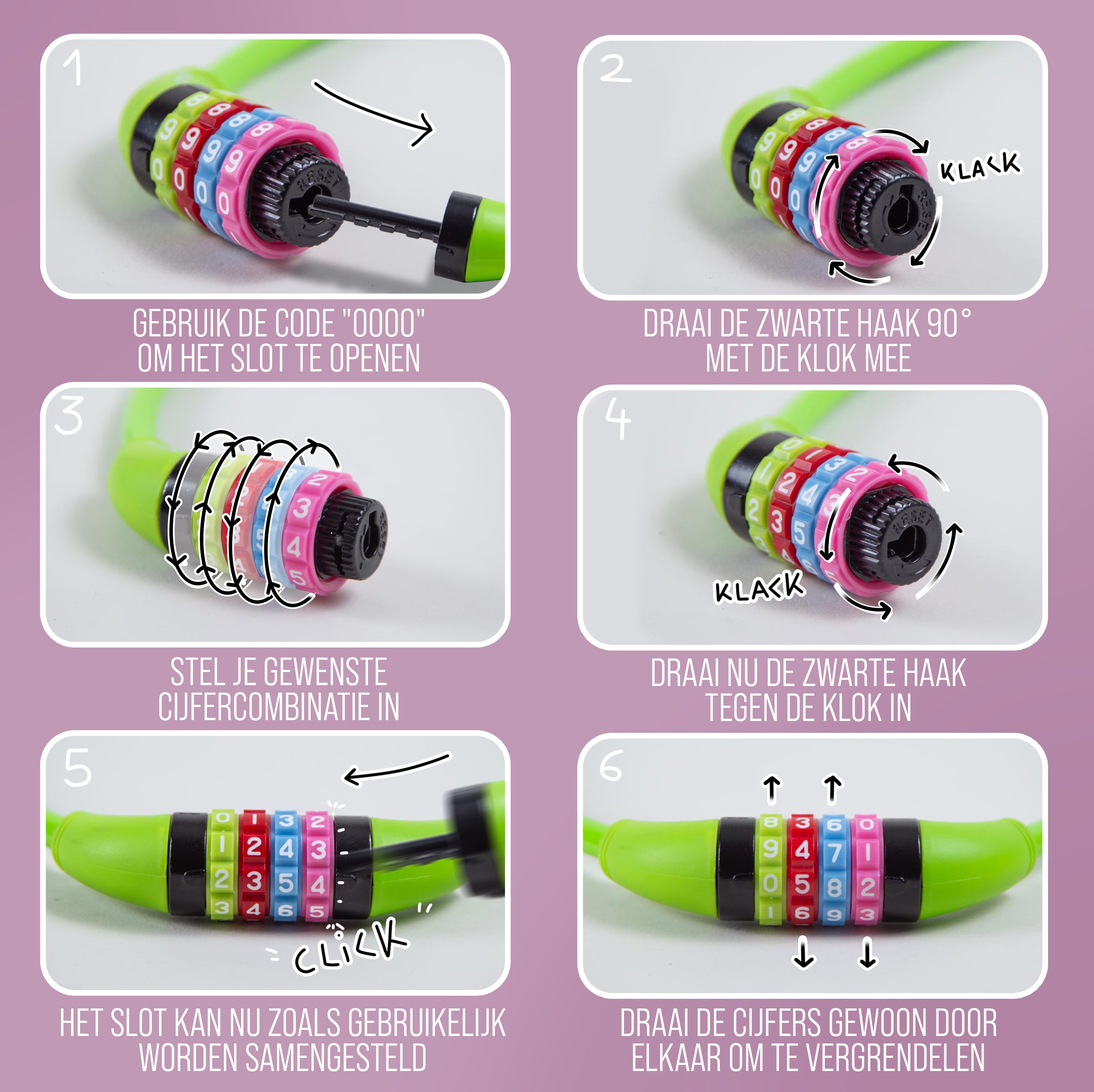 Apollo Fietsslot met cijfers voor kinderen, 10x650 mm, scooterslot, cijferslot Groen