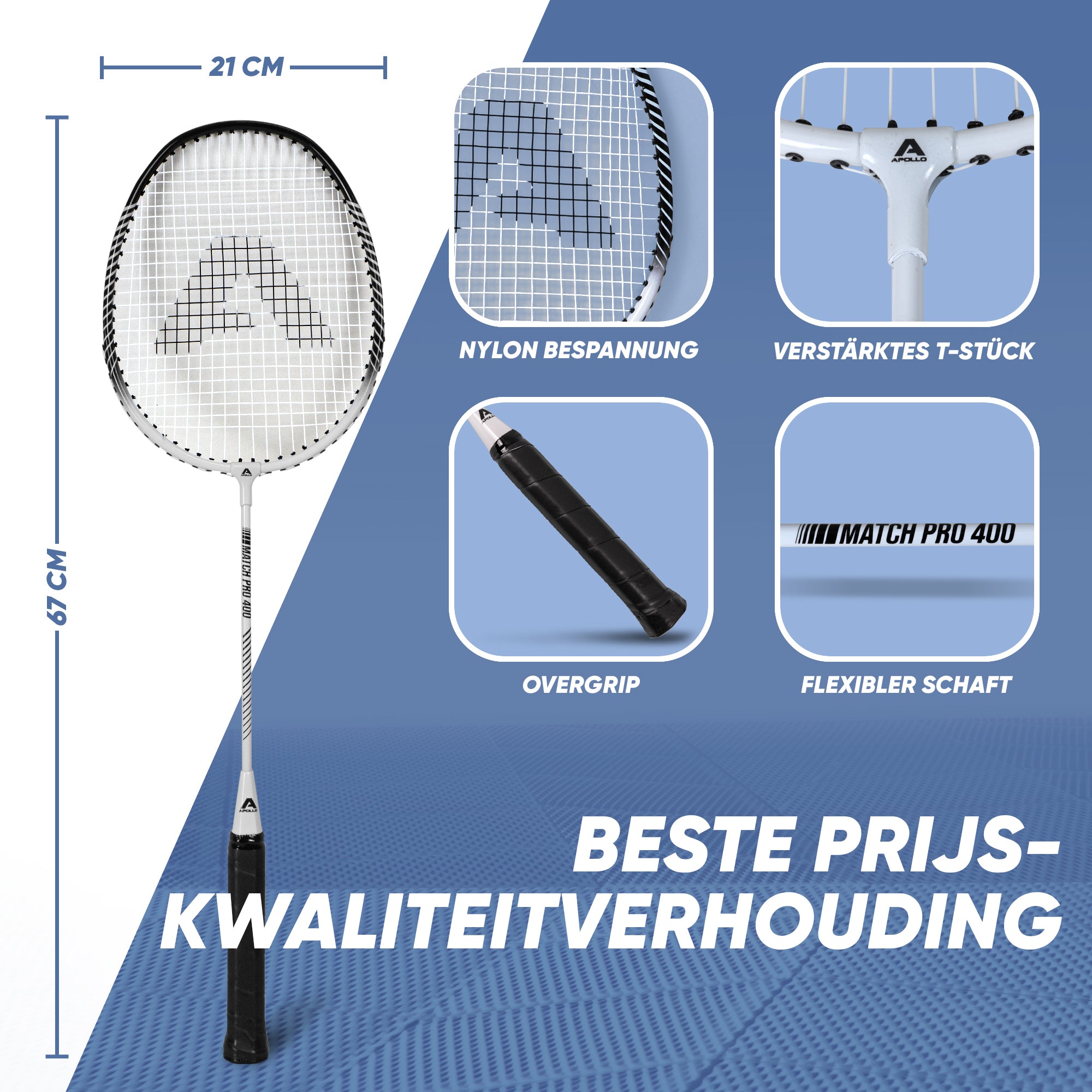 Apollo Badmintonset Match Pro 400 - Badmintonracket voor kinderen en volwassenen Wit Zwart