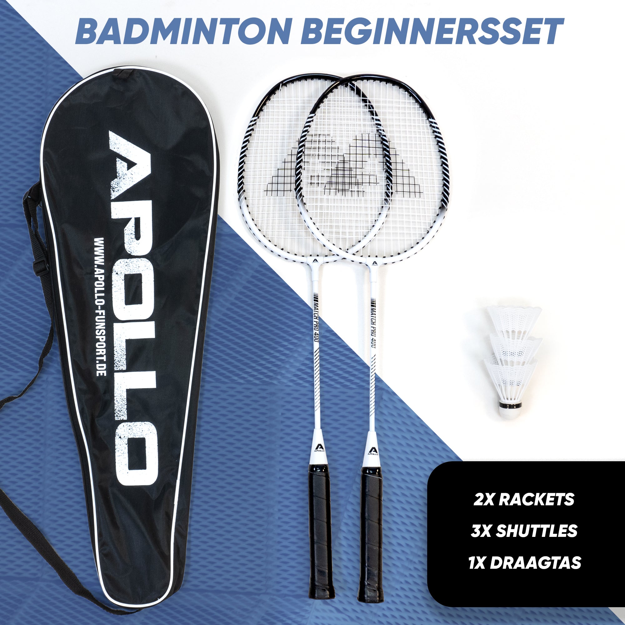 Apollo Badmintonset Match Pro 400 - Badmintonracket voor kinderen en volwassenen Wit Zwart