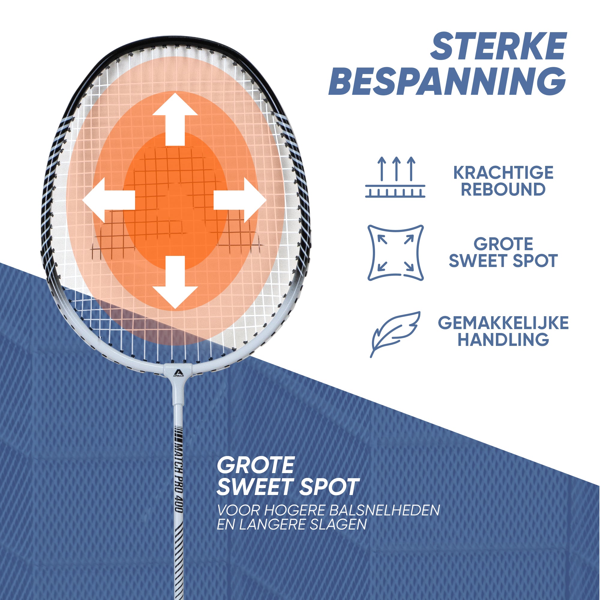 Apollo Badmintonset Match Pro 400 - Badmintonracket voor kinderen en volwassenen Wit Zwart