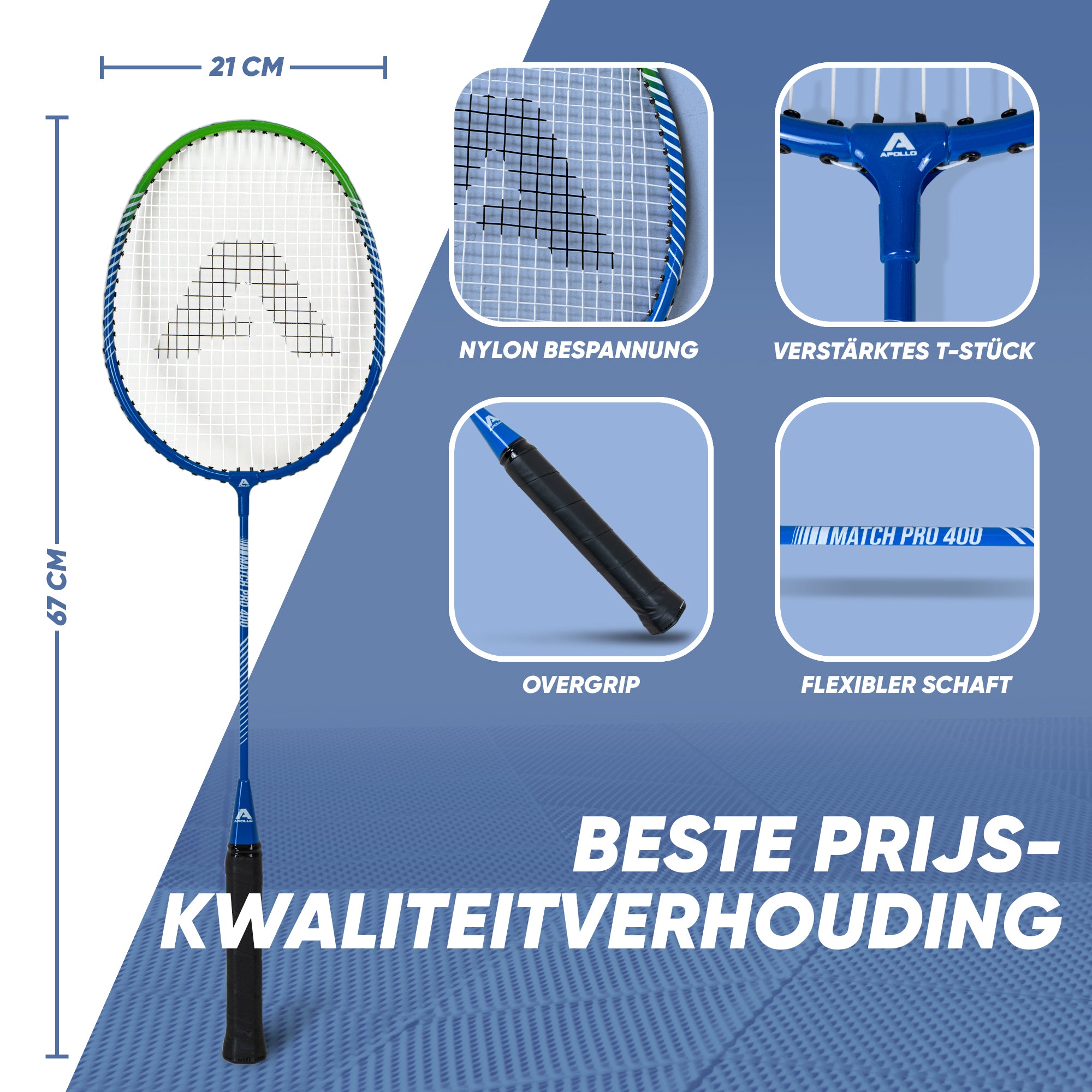 Apollo Badmintonset Match Pro 400 - Badmintonracket voor kinderen en volwassenen Blauw Groen