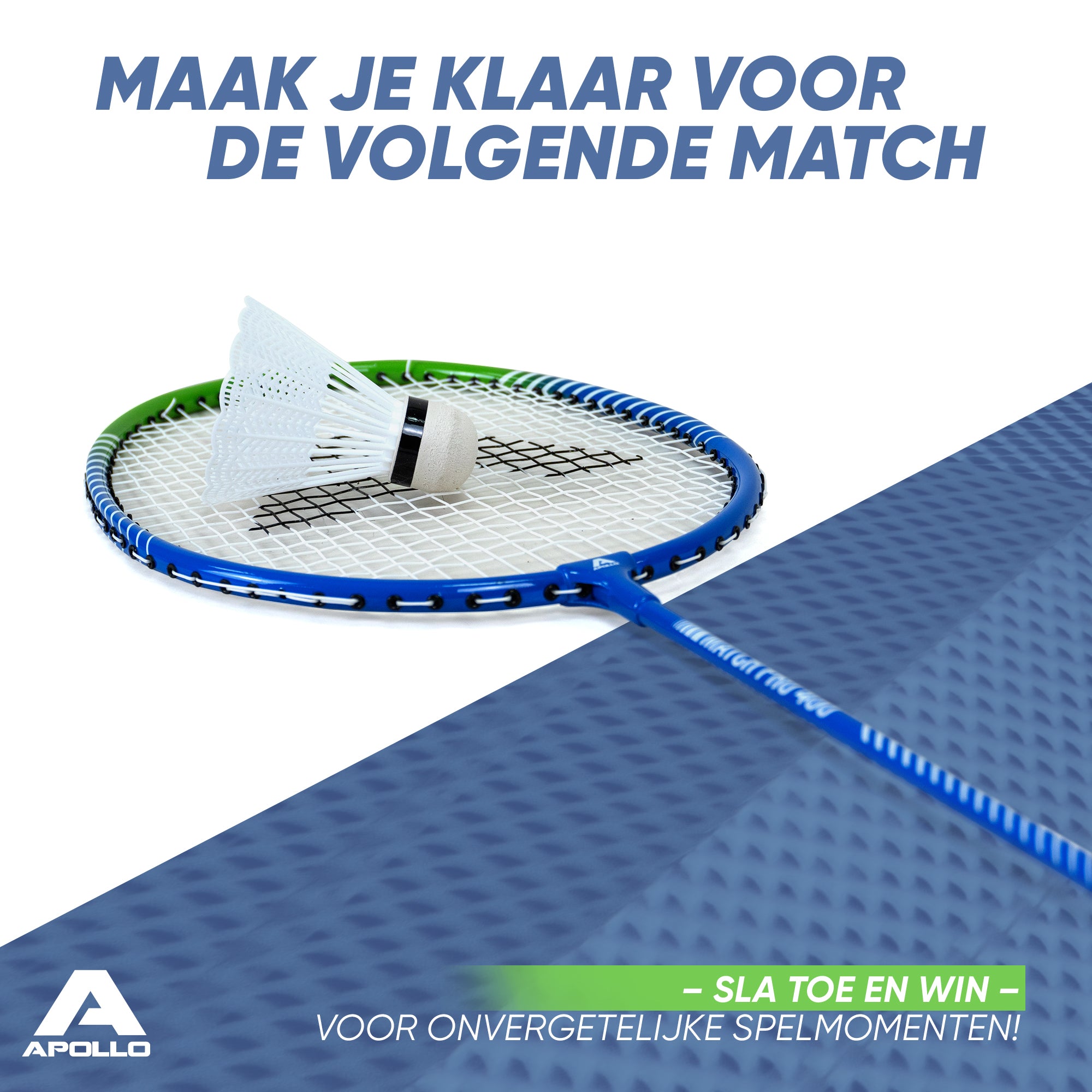 Apollo Badmintonset Match Pro 400 - Badmintonracket voor kinderen en volwassenen Blauw Groen