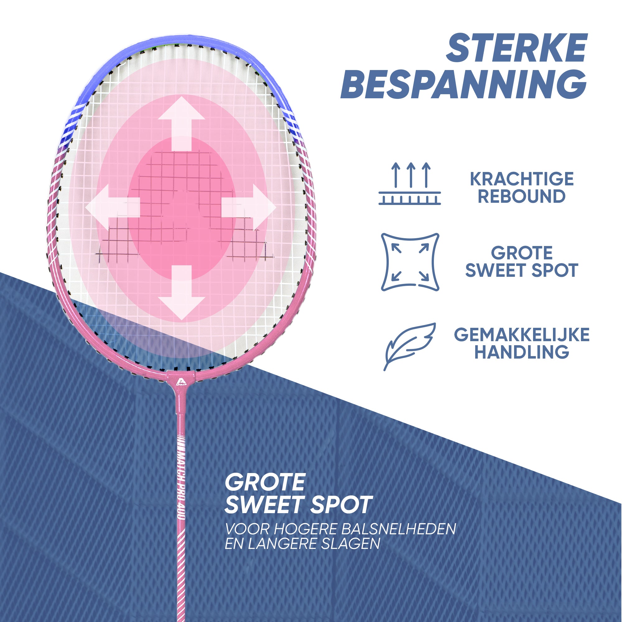 Apollo Badmintonset Match Pro 400 - Badmintonracket voor kinderen en volwassenen Blauw Roze