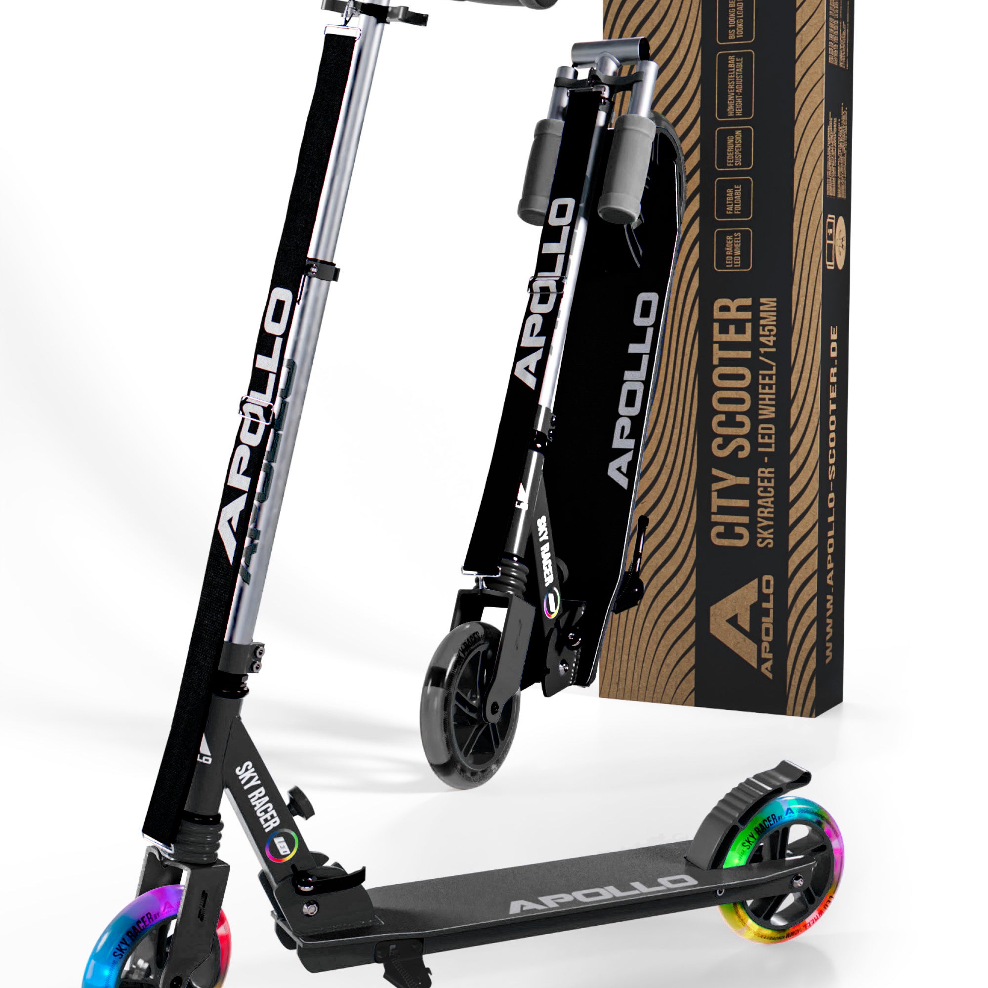 Apollo 145 mm City-Scooter met Vering "Skyracer" opvouwbaar en in hoogte verstelbaar Zwart