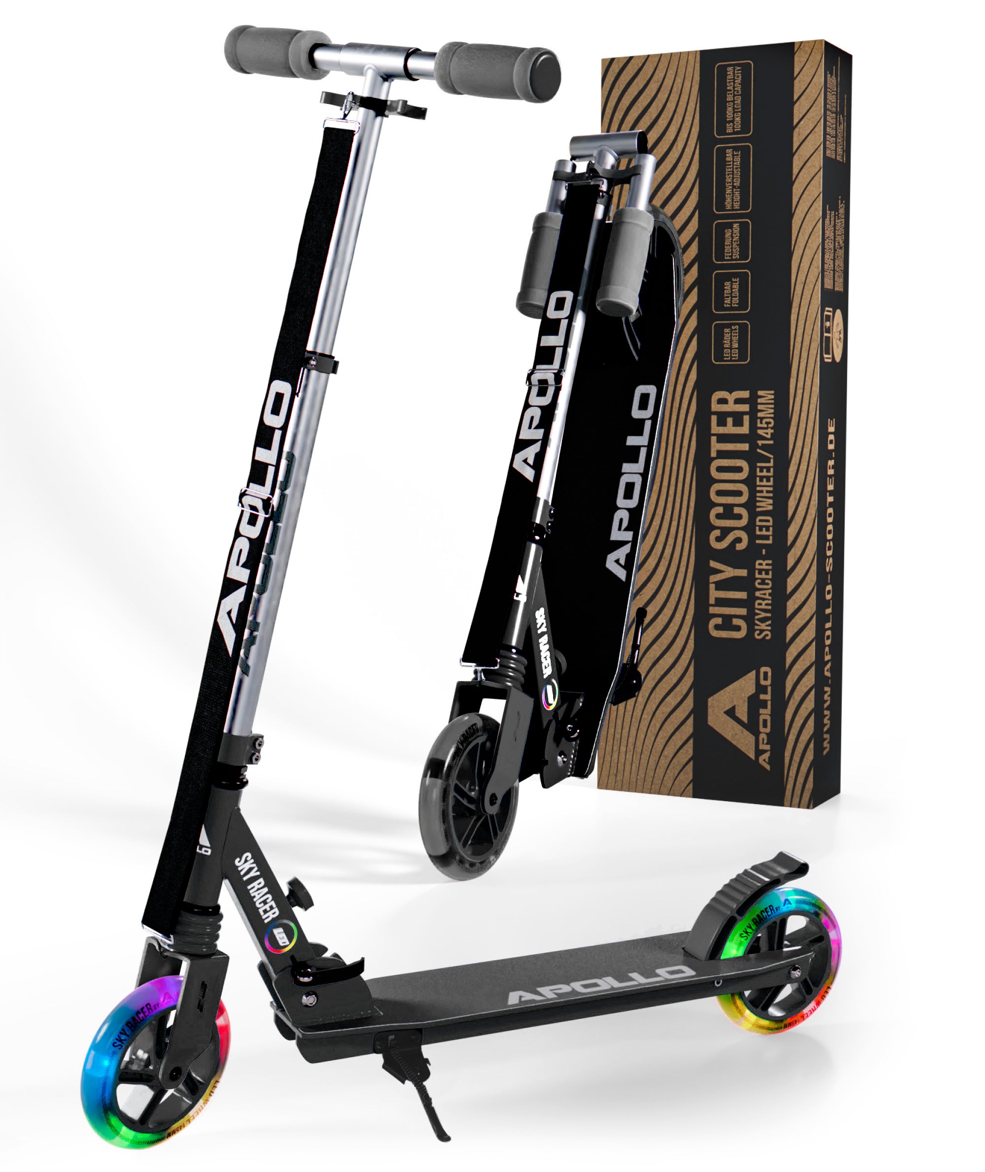 Apollo 145 mm City-Scooter met Vering "Skyracer" opvouwbaar en in hoogte verstelbaar Zwart