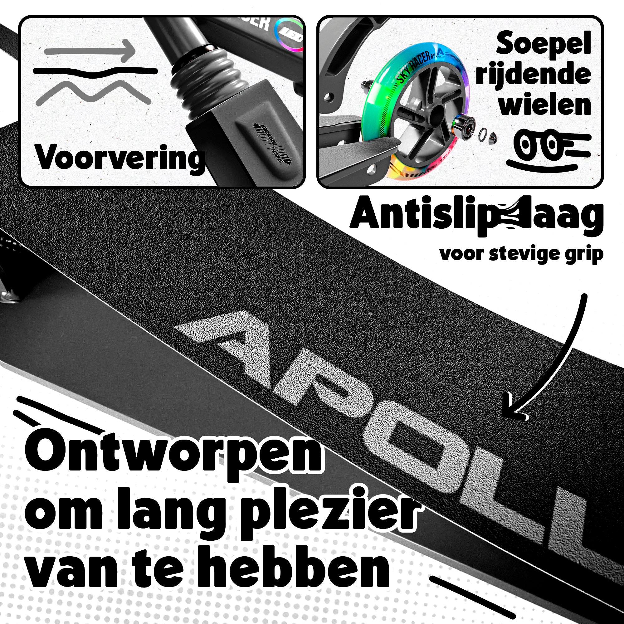 Apollo 145 mm City-Scooter met Vering "Skyracer" opvouwbaar en in hoogte verstelbaar Zwart