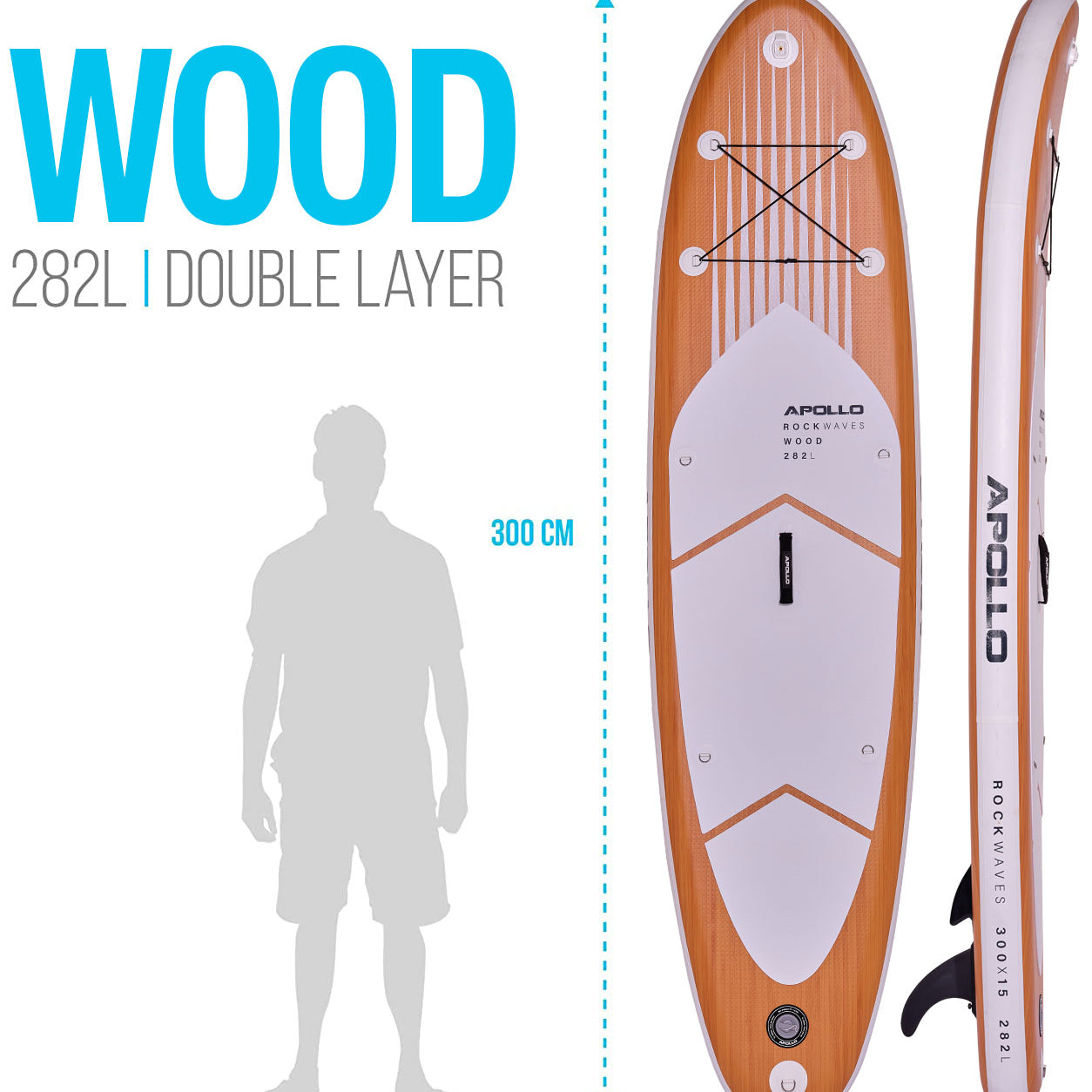 Apollo Funsport NL SUP Board 'Wood' 3m incl. SUP Peddel, Pomp en Reparatiekit Wood Wit