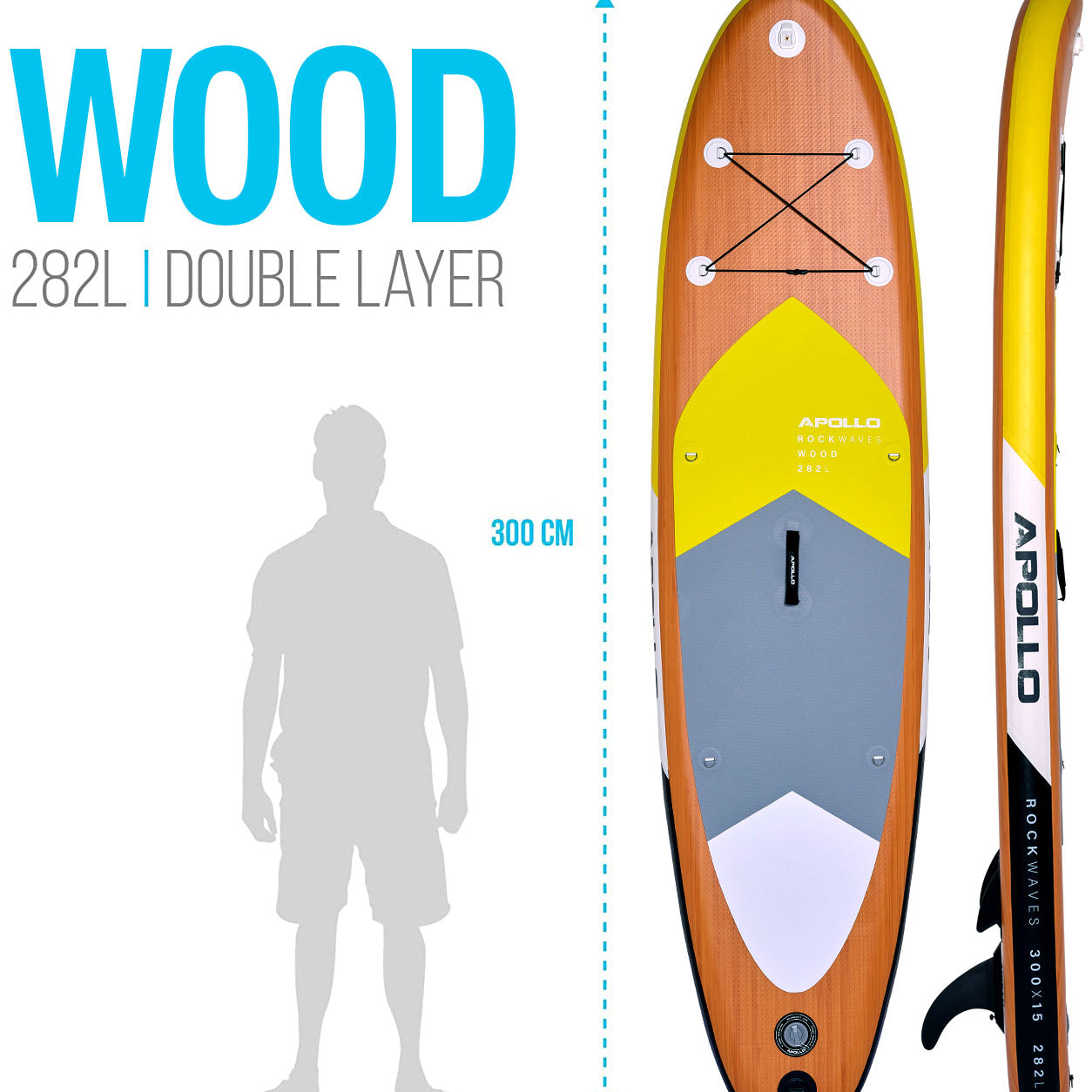Apollo Funsport NL SUP Board 'Wood' 3m incl. SUP Peddel, Pomp en Reparatiekit Wood Geel