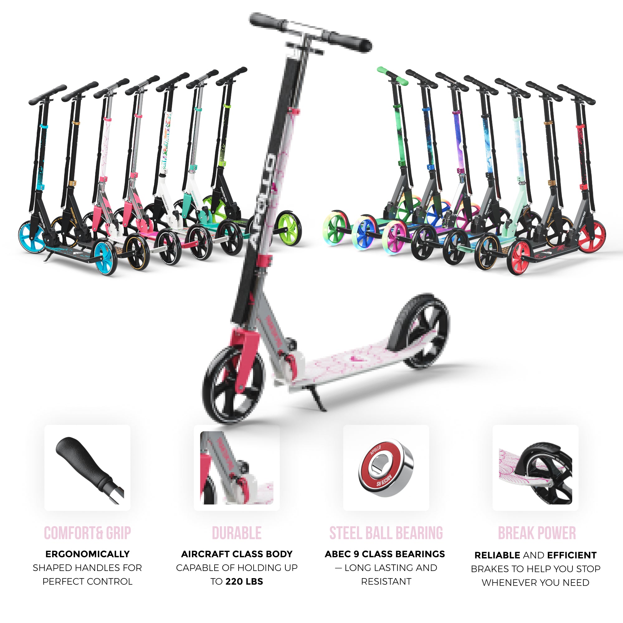 Apollo 'Phantom Pro' Opvouwbare en in hoogte verstelbare stadsscooter Roze