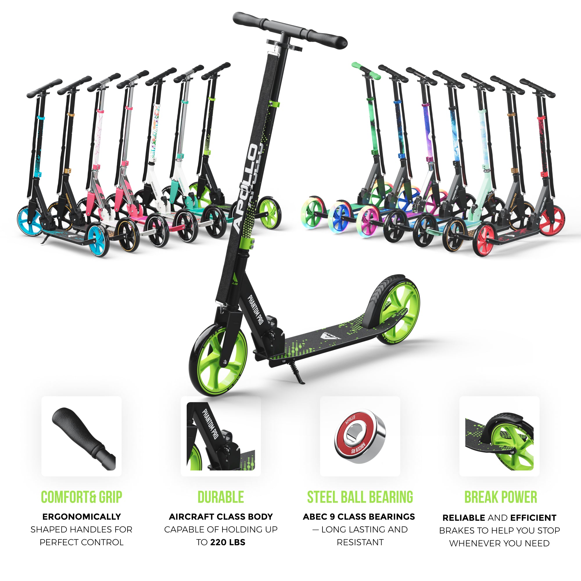 Apollo 'Phantom Pro' Opvouwbare en in hoogte verstelbare stadsscooter Groen