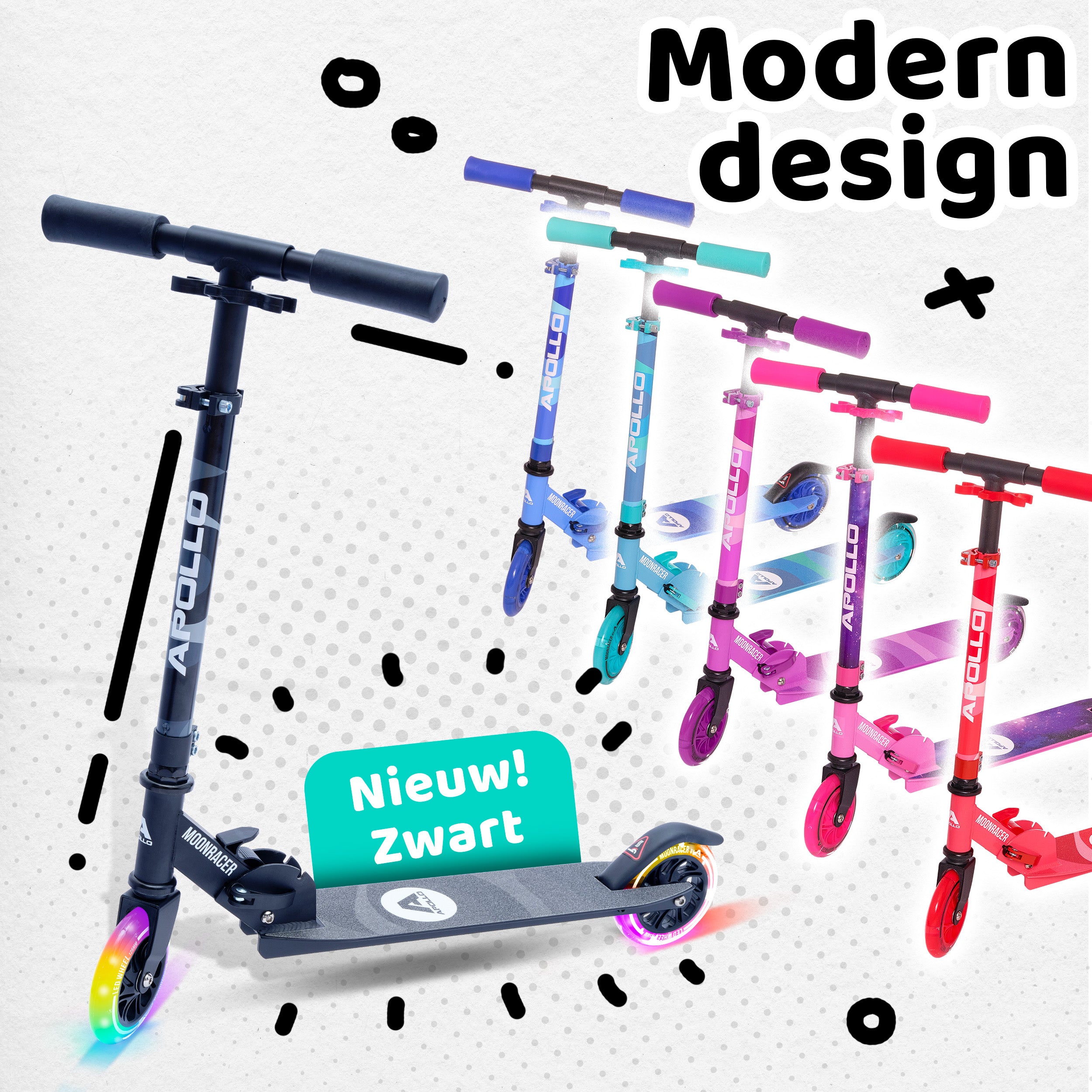 Apollo Kinderscooter 'Moonracer' LED-step met Vering Zwart