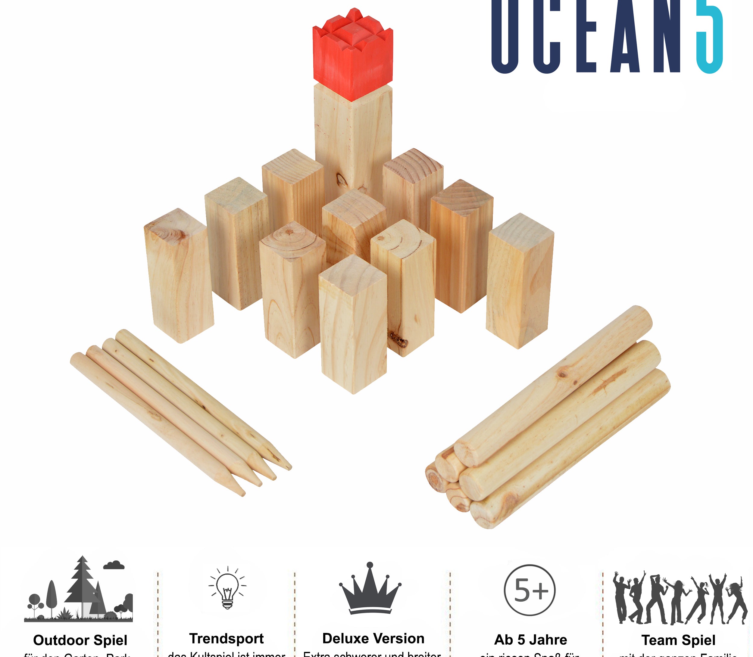 Ocean5 OCEAN5 Kubb - Origineel Viking werpspel, Houten schaak kegels spel Kubb - Deluxe - 30 x 7 cm (H B)