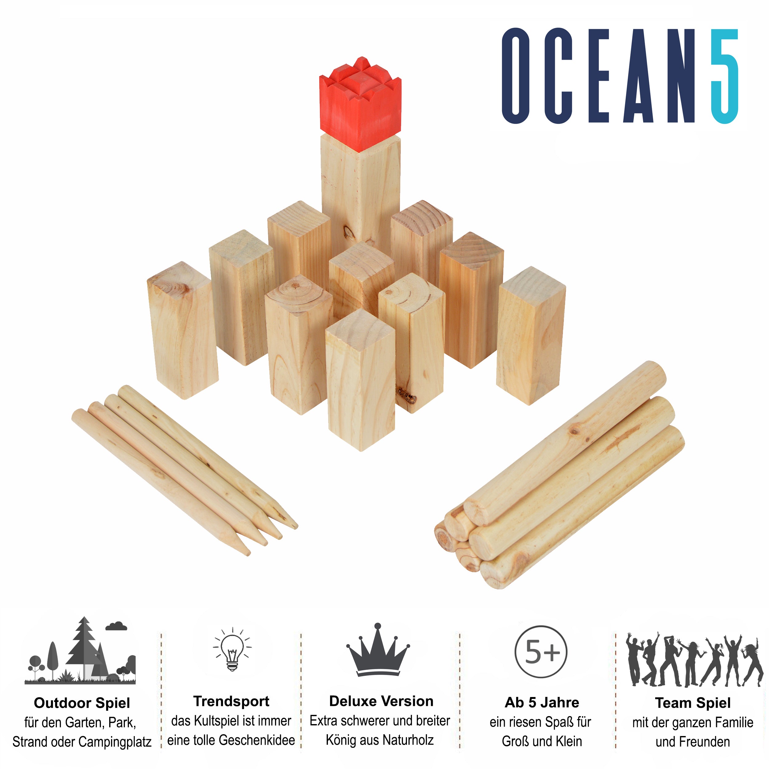 Ocean5 OCEAN5 Kubb - Origineel Viking werpspel, Houten schaak kegels spel Kubb - Deluxe - 30 x 7 cm (H B)